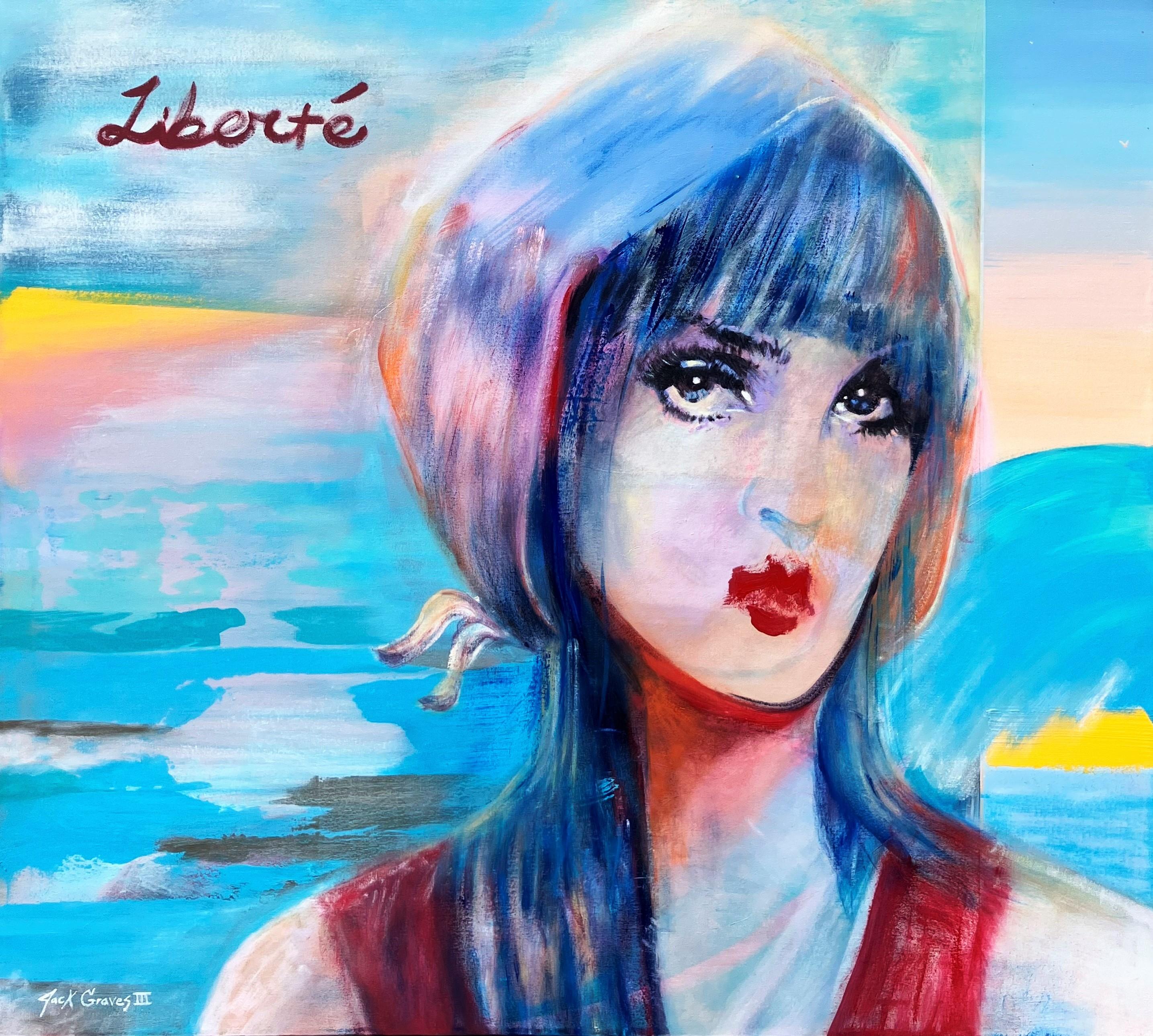 Portrait Painting di Jack Graves III - Liberté /// Street Pop Art contemporanea Ritratto figurativo Donna Signora Paesaggio marino
