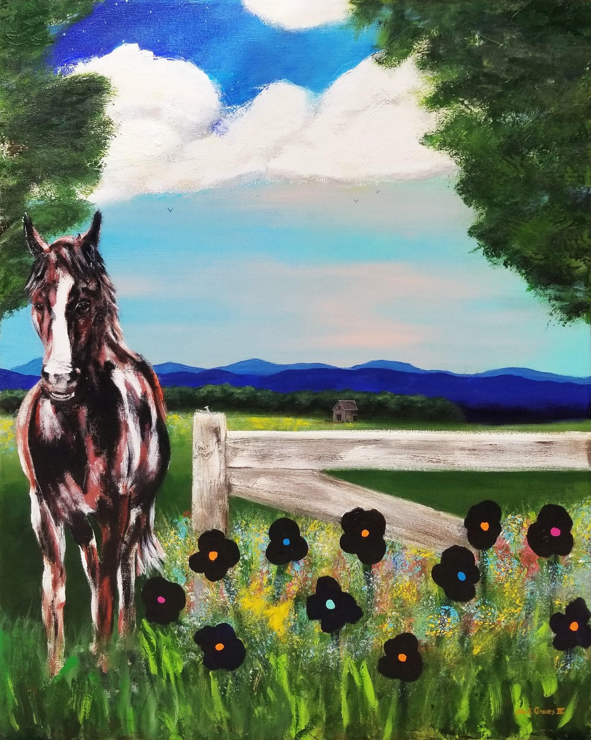 Landscape Painting Jack Graves III - Ancienne grange de juillet /// Contemporary Landscape Countryside Horse Equestrian Mountains