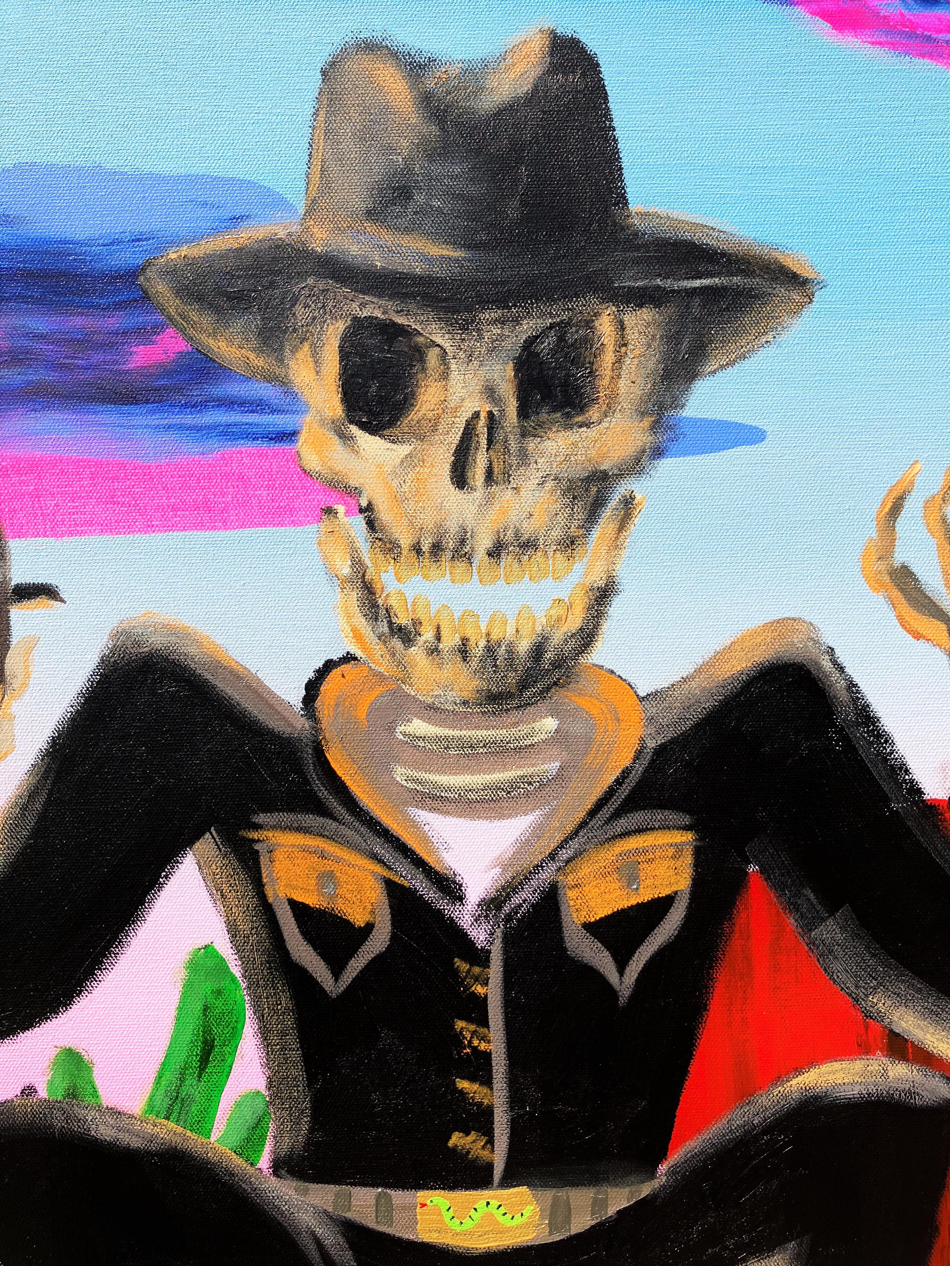 Peek-A-Boo /// Cowboy-Morte Vecchio Selvaggio Occidente Figurativo Scheletro Pistolero - Painting di Jack Graves III
