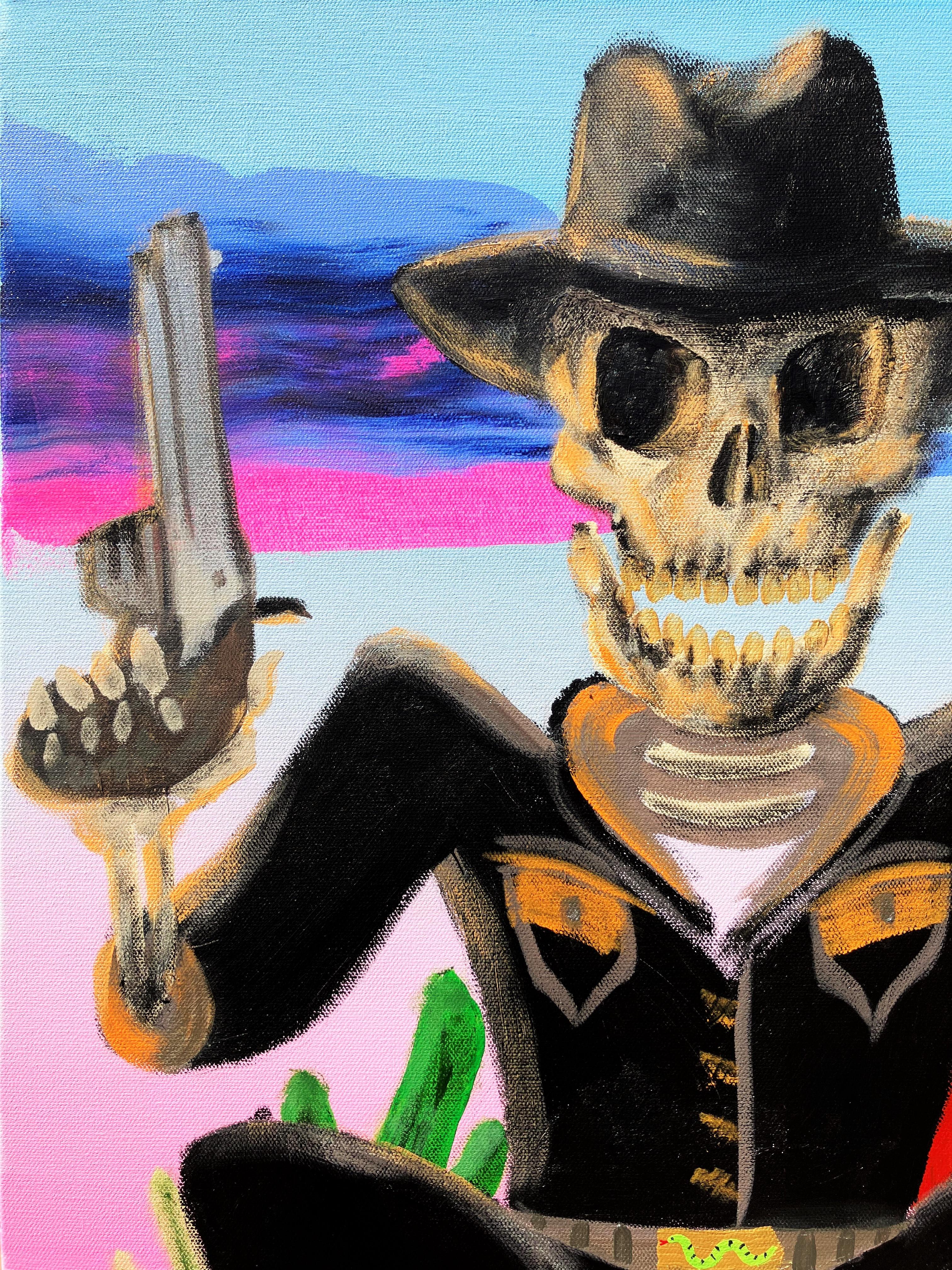 Peek-A-Boo /// Cowboy-Morte Vecchio Selvaggio Occidente Figurativo Scheletro Pistolero - Figurative Painting Grigio di Jack Graves III