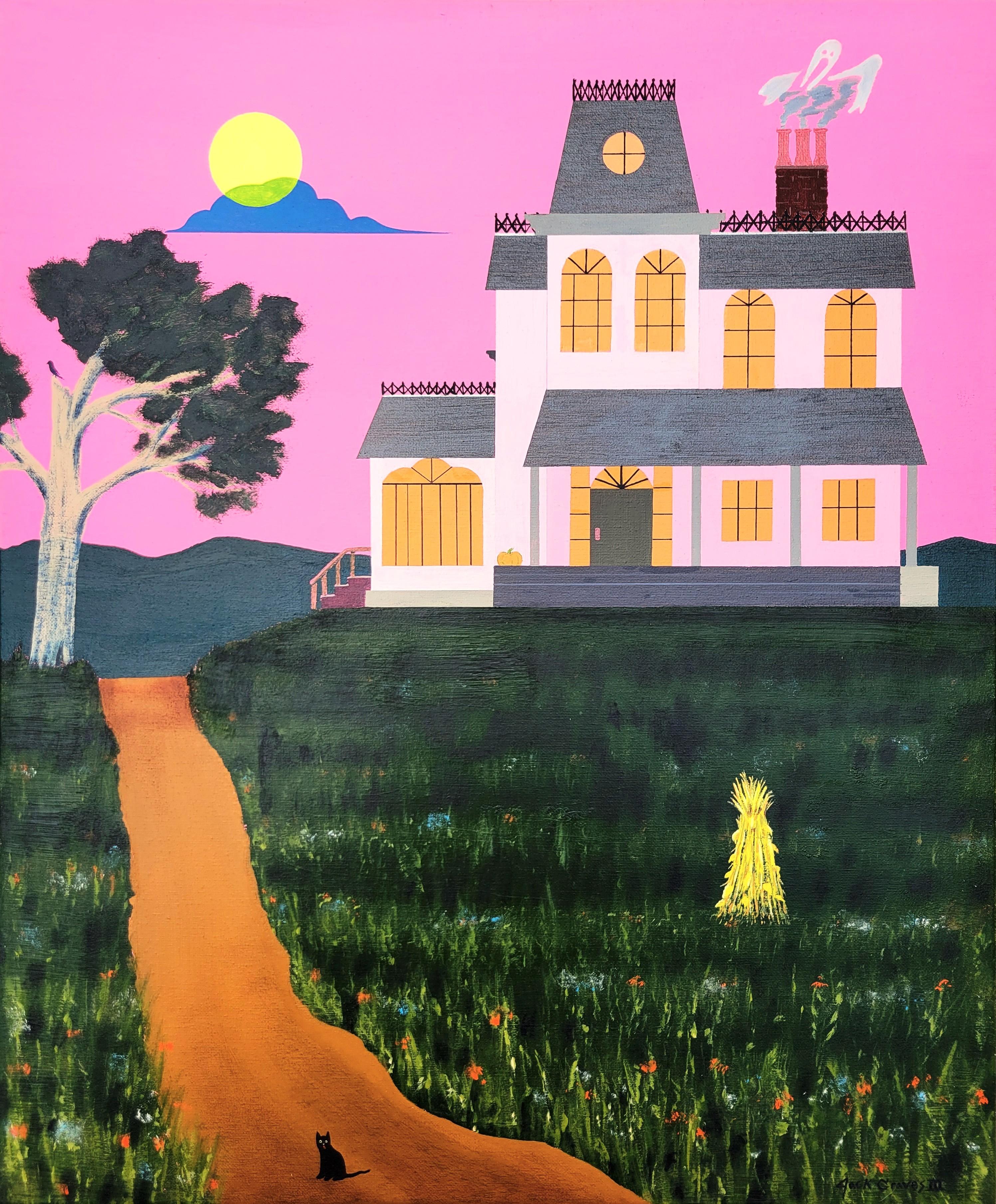 Spook House /// Jack Graves Contemporary Painting Halloween Cat Ghost Farmhouse