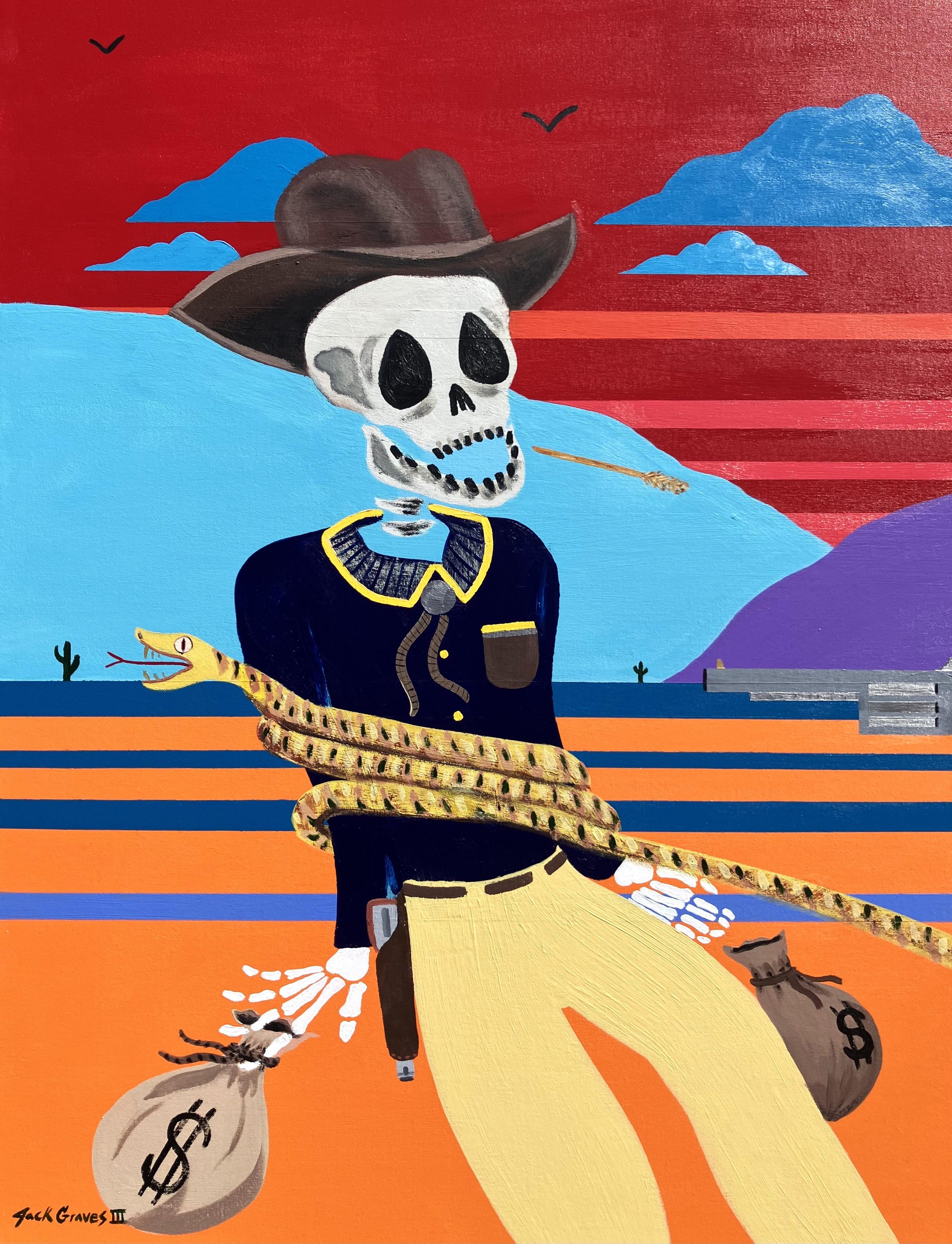 That's My Gold /// Wild West Western Art Painting Funny Contemporary Gunslinger - Pink Figurative Painting by Jack Graves III