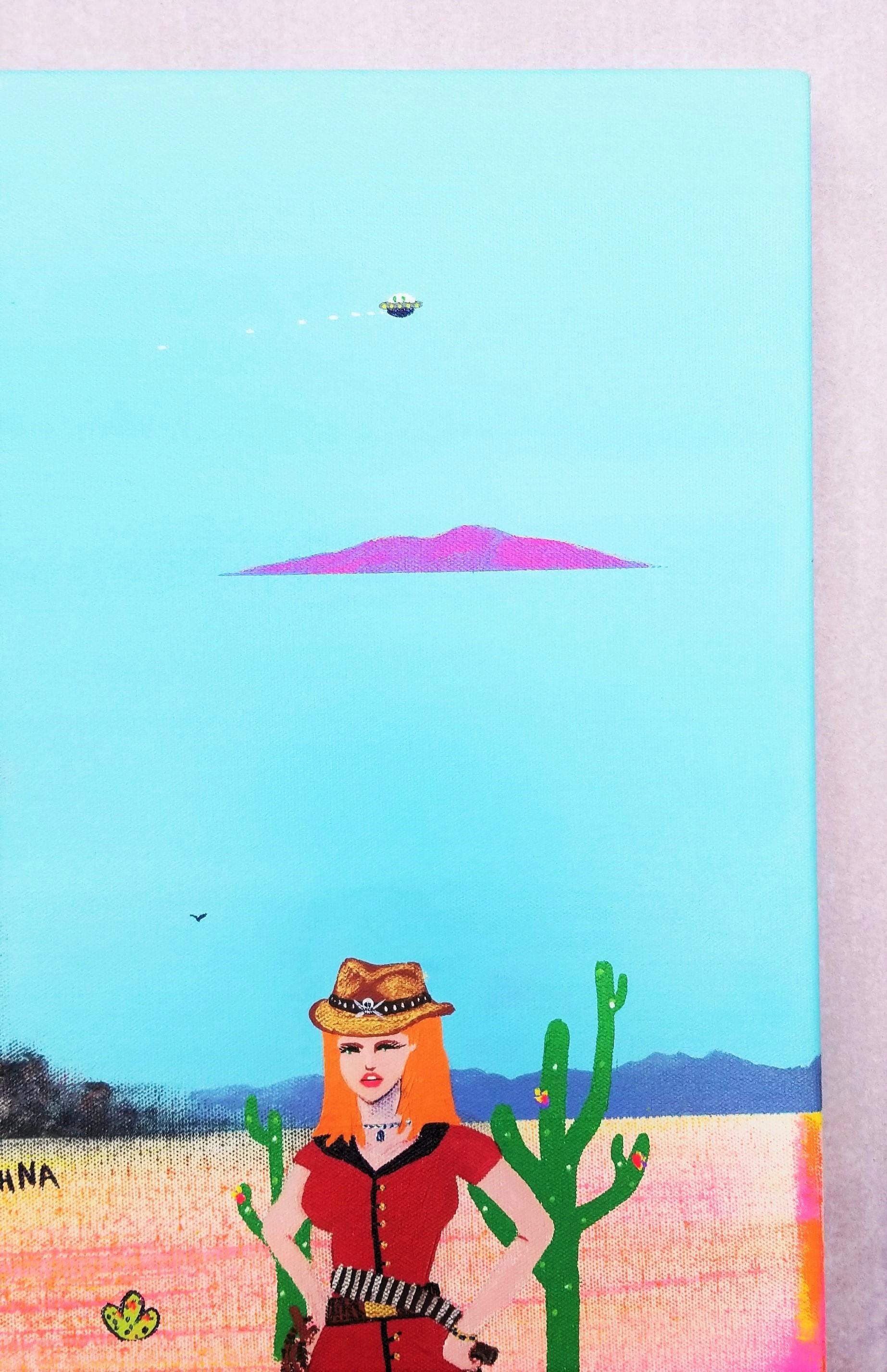 The Arrival of Gunning Gerta /// Contemporary Art Western Cowboy Funny Painting im Angebot 1