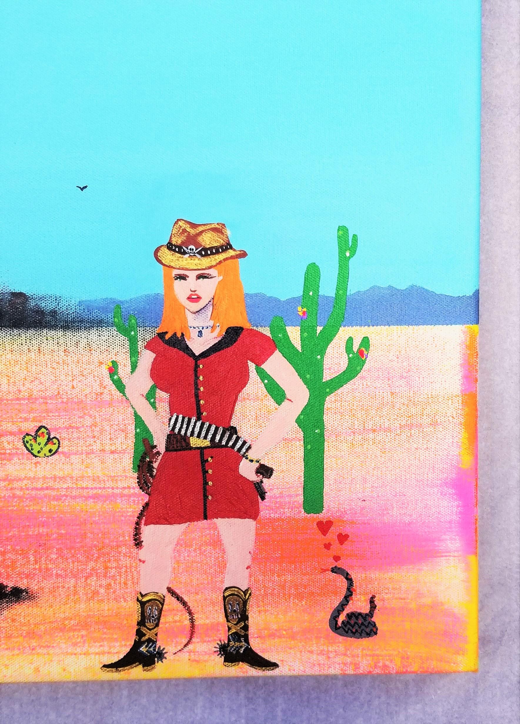 The Arrival of Gunning Gerta /// Contemporary Art Western Cowboy Funny Painting For Sale 1