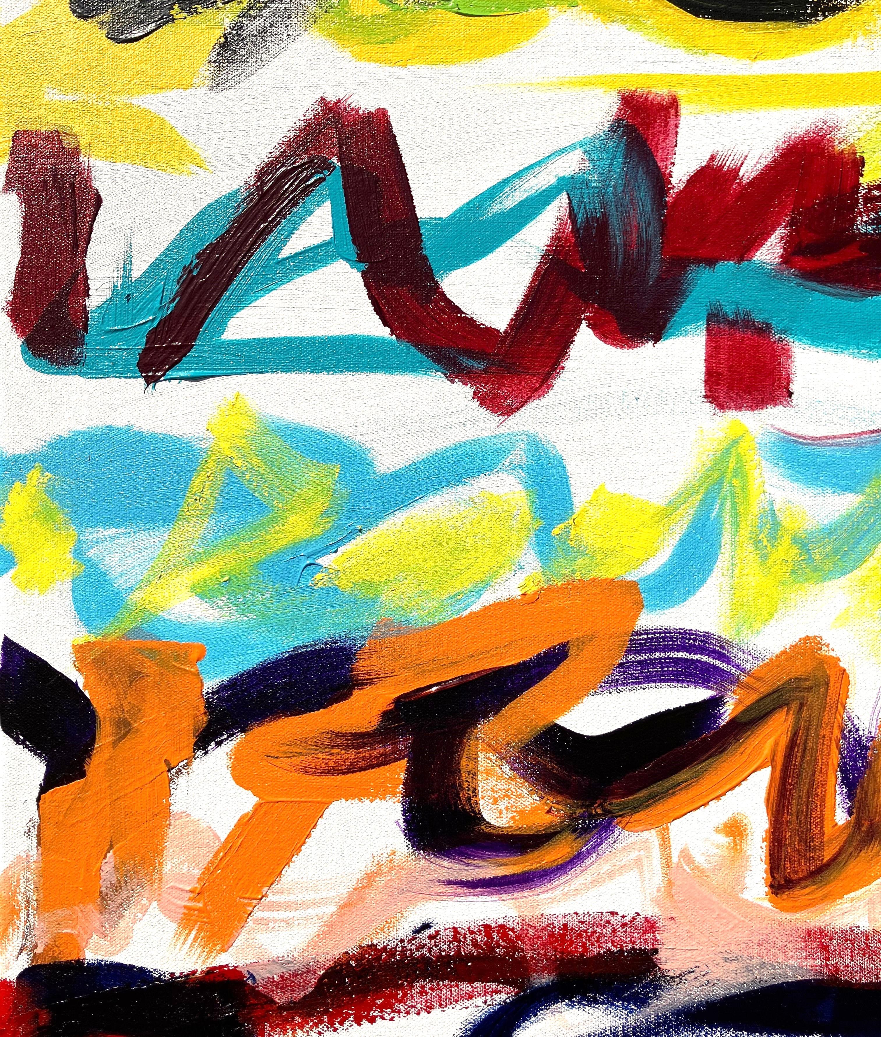 Trainspotting /// Contemporary Abstract Expressionist Colorful Typography Paint - Beige Abstract Painting by Jack Graves III