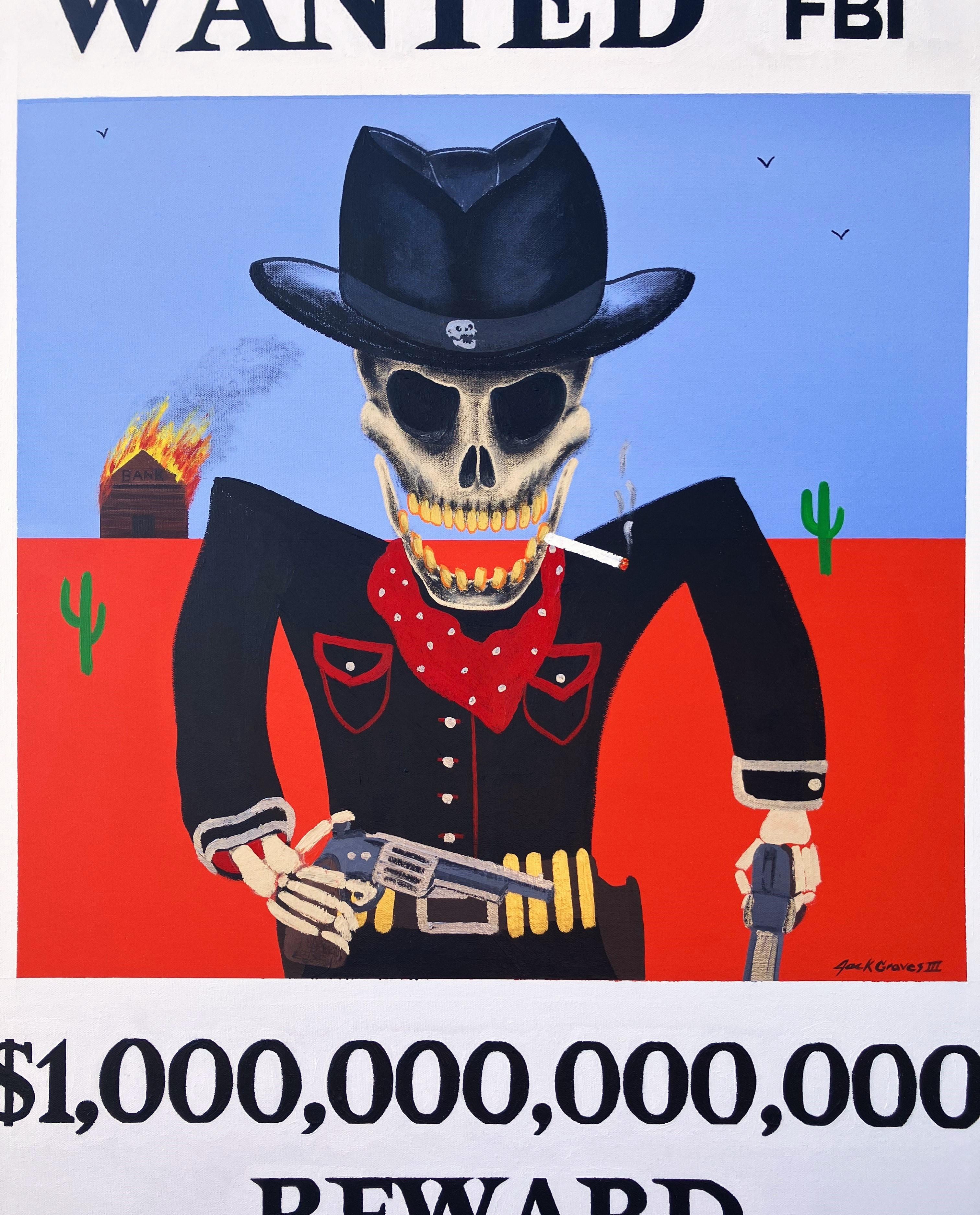 Wanted Cowboy Death /// Wild West Western Poster Painting Funny Contemporary Art - Bleu Figurative Painting par Jack Graves III