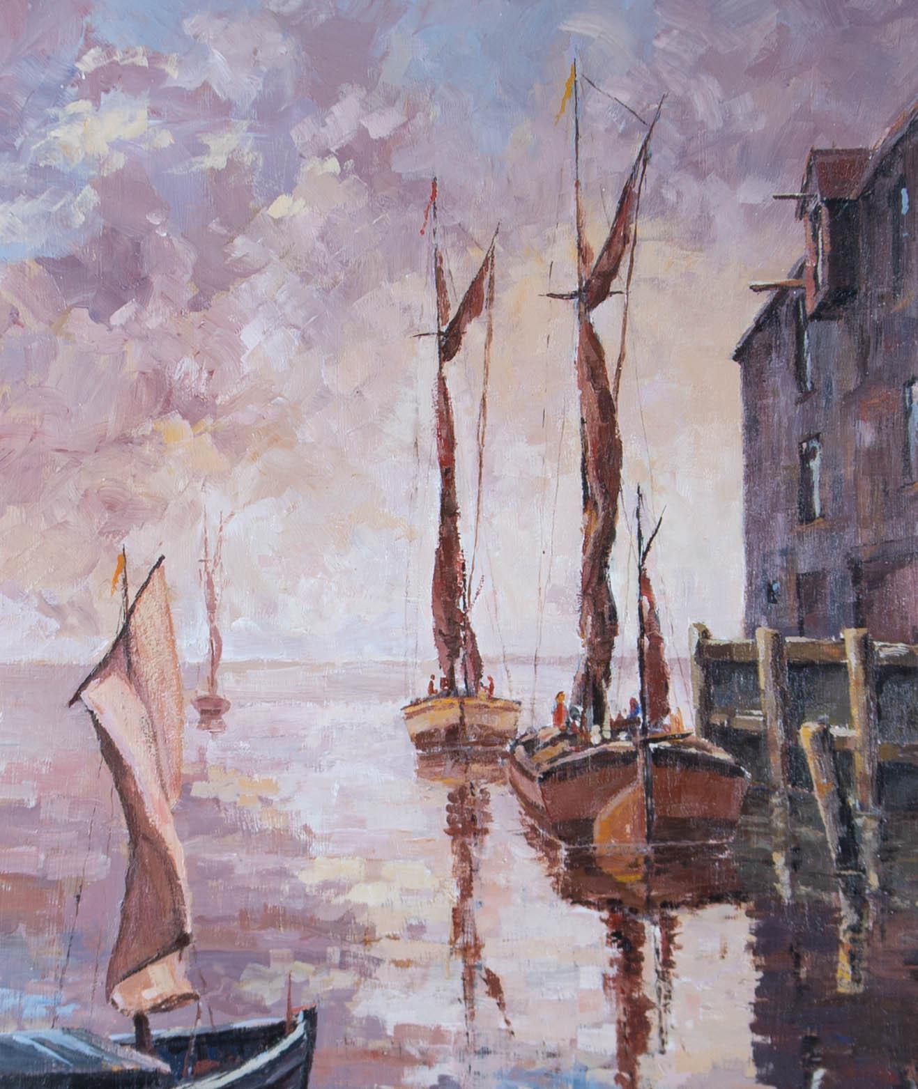 A stunning seascape overlooking the ships in the evening as they set sail. The artist's use of different brush strokes and coloursÂ show the movement in the water as well as the changing colours of the sky during sunset. Well presented in an ornate