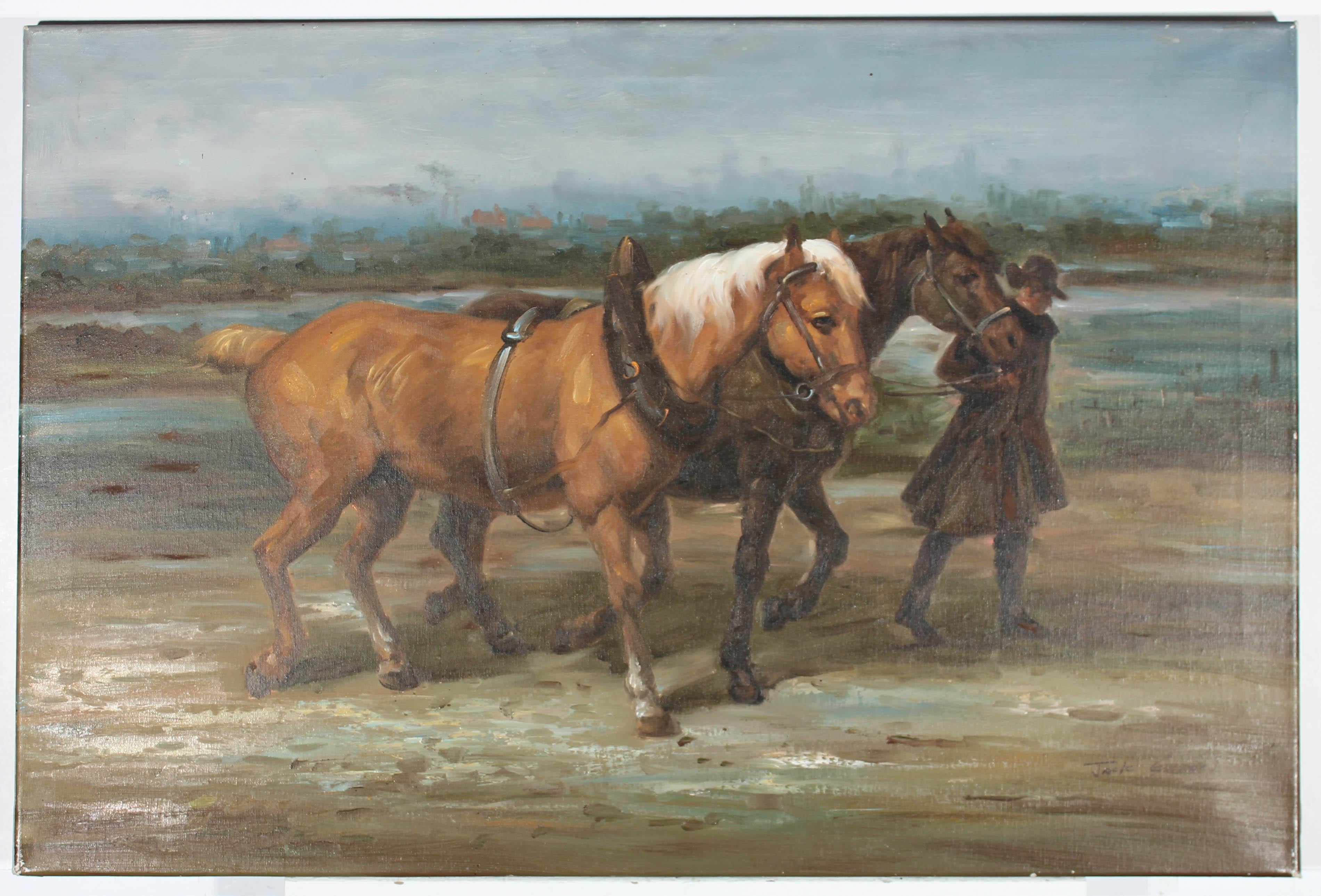 A charming scene depicting a man leading two shire horses on a country track after a day's work. The horse wear plough harnesses and walk in unison before a vast country landscape. Signed to the lower right. On canvas.
