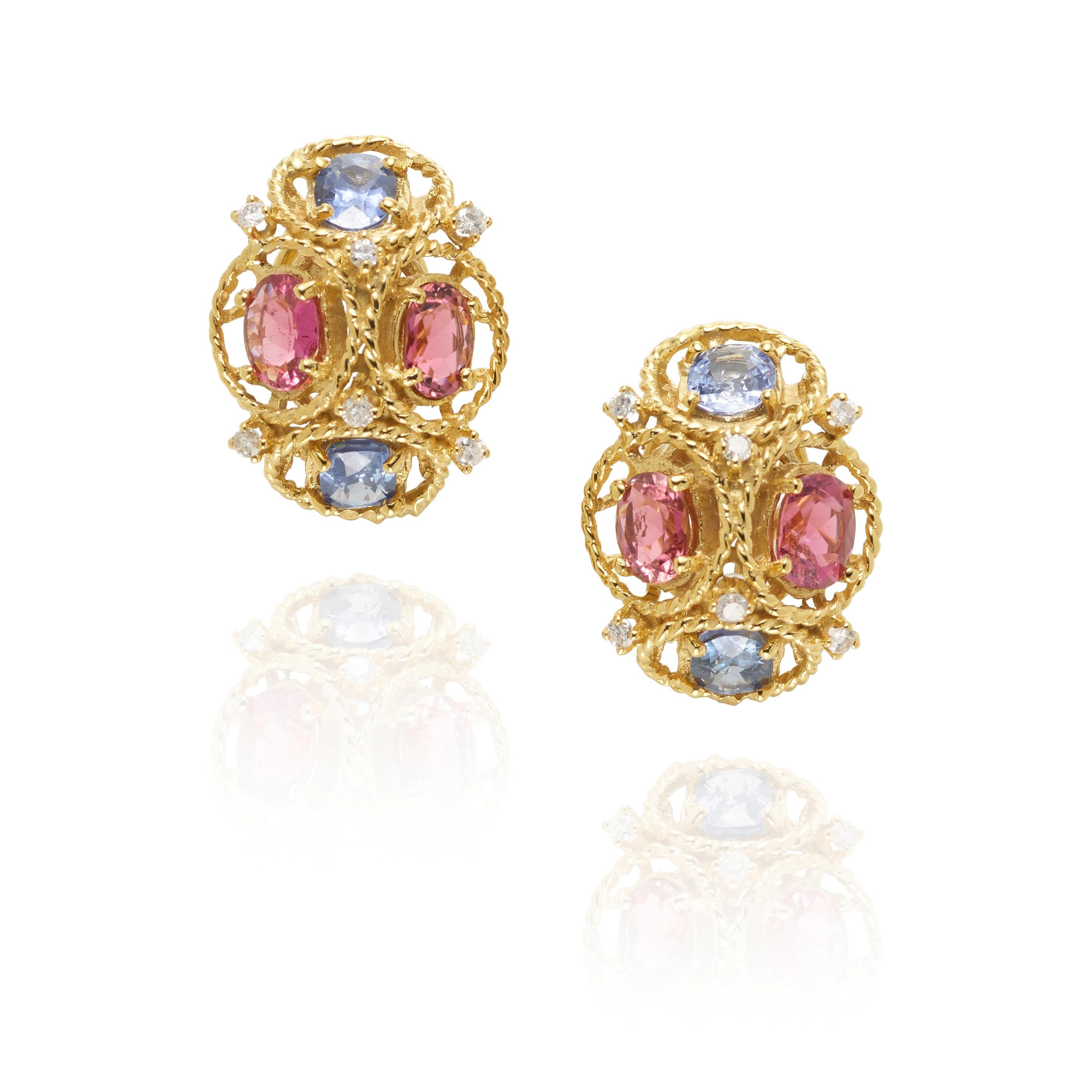 Features a Cluster of Oval-shaped Tourmaline and Sapphires
Accented by round Diamonds weighing 0.35 carat 
Set in 14k Yellow Gold
Gross Weight: 16.9 grams
Length: 1 inch
Signed JG JLRY
Featured in Bonhams Auction California Jewels September 21-29,