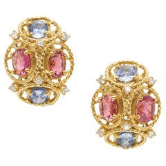 Jack Gutschneider, boucles d'oreilles en or 14 carats avec tourmaline, saphir et diamant 0,35 carat