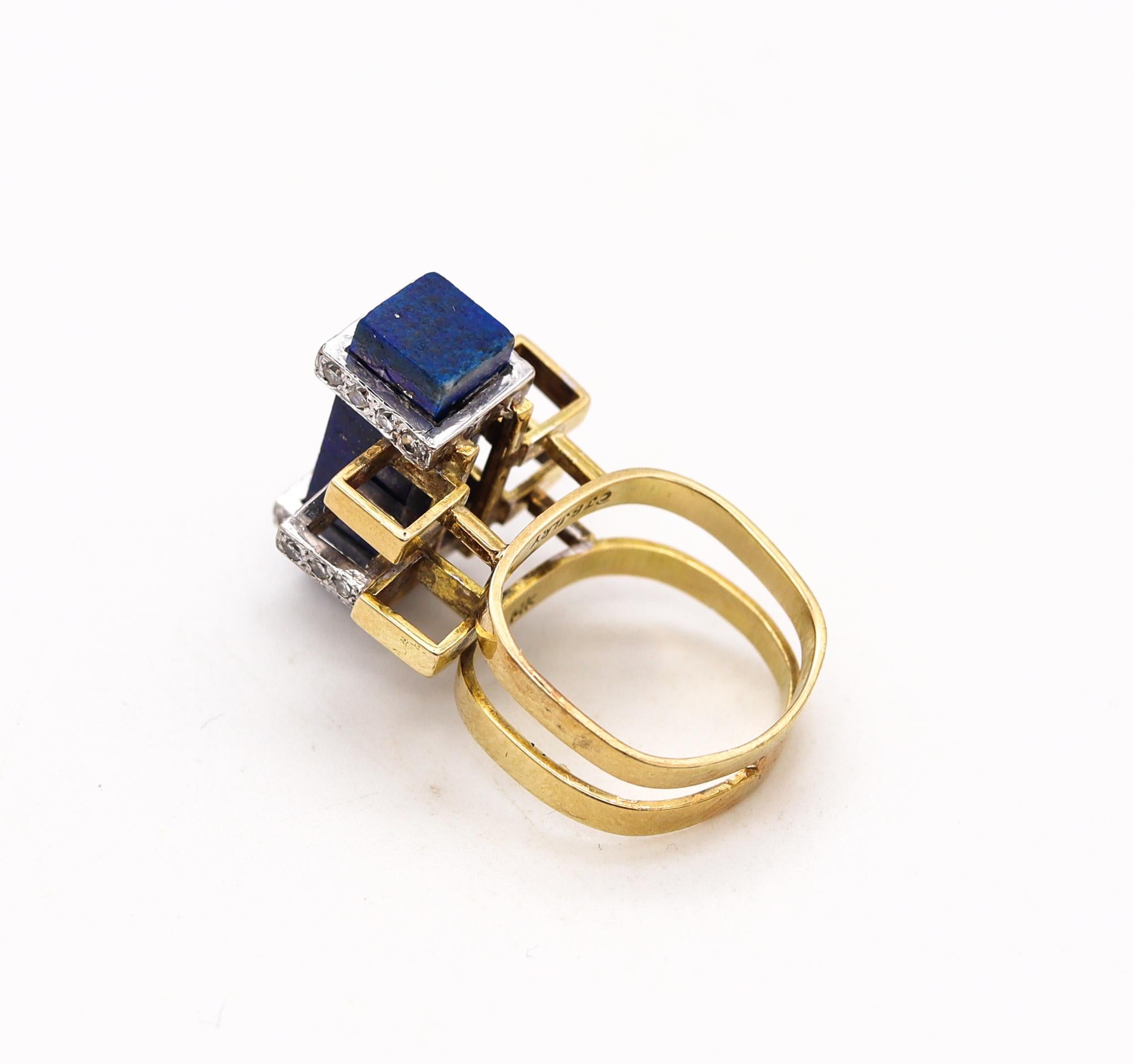Geometric ring designed by Jack Gutschneider.

Beautiful sculptural piece of cubism art, created by the American artist and jewelry designer Gutschneider, back in the early 1960's. This one-of-a-kind geometric ring has been carefully assembled in