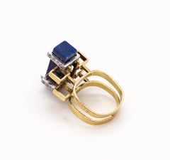 Jack Gutschneider 1960 Geometric Ring in 14Kt Gold with VS Diamonds Lapis Lazuli