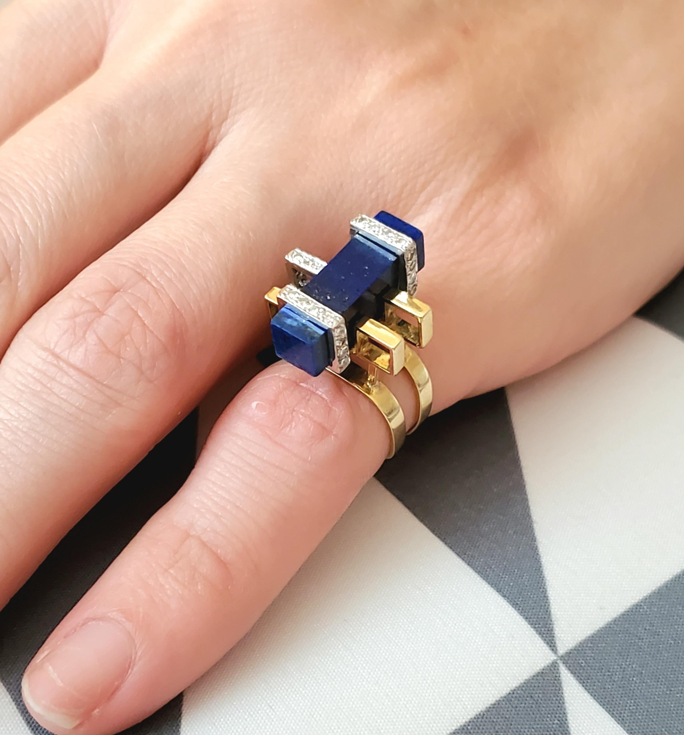 Geometrischer Ring von Jack Gutschneider aus 14 Karat Gold mit VS-Diamanten und Lapislazuli, 1960 im Zustand „Hervorragend“ in Miami, FL