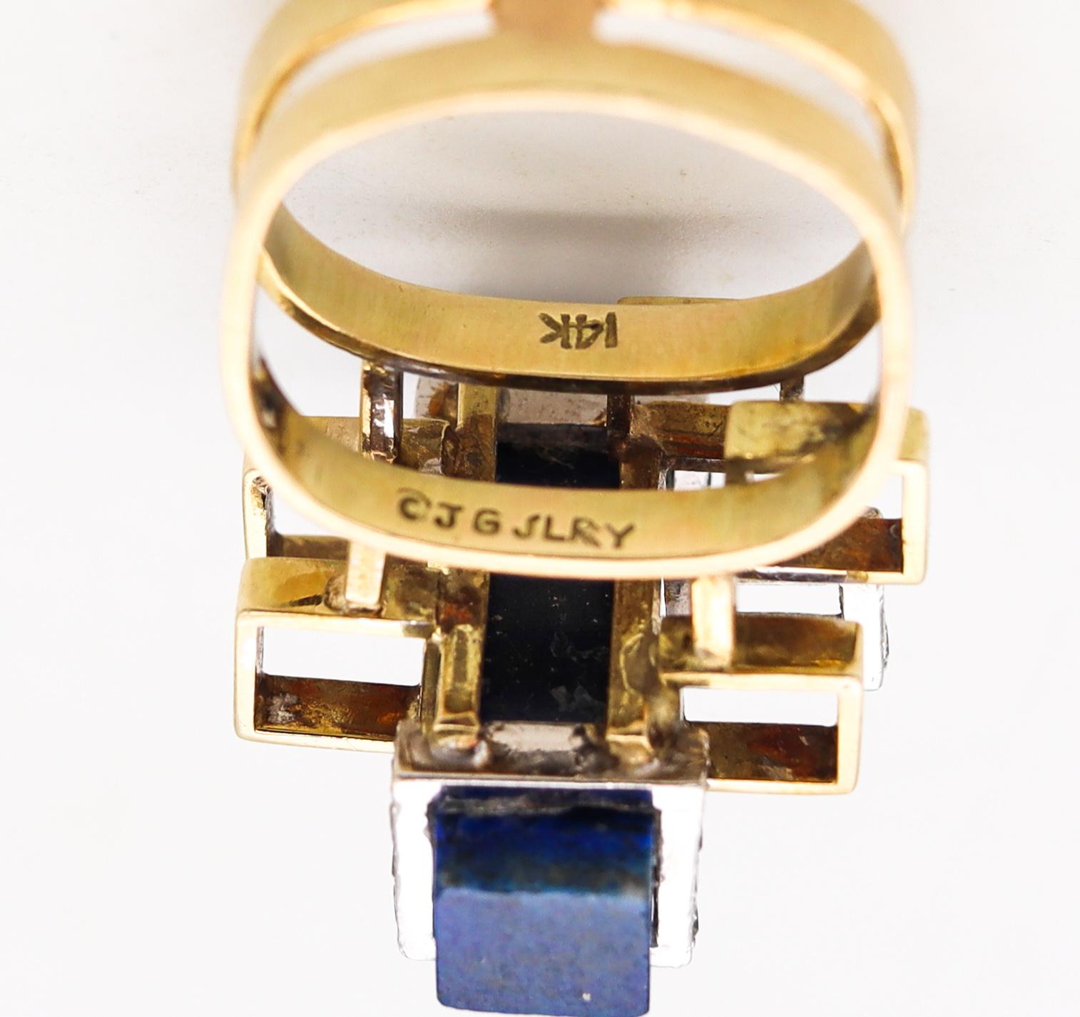 Post-War Jack Gutschneider 1960 Geometric Ring in 14Kt Gold with VS Diamonds Lapis Lazuli