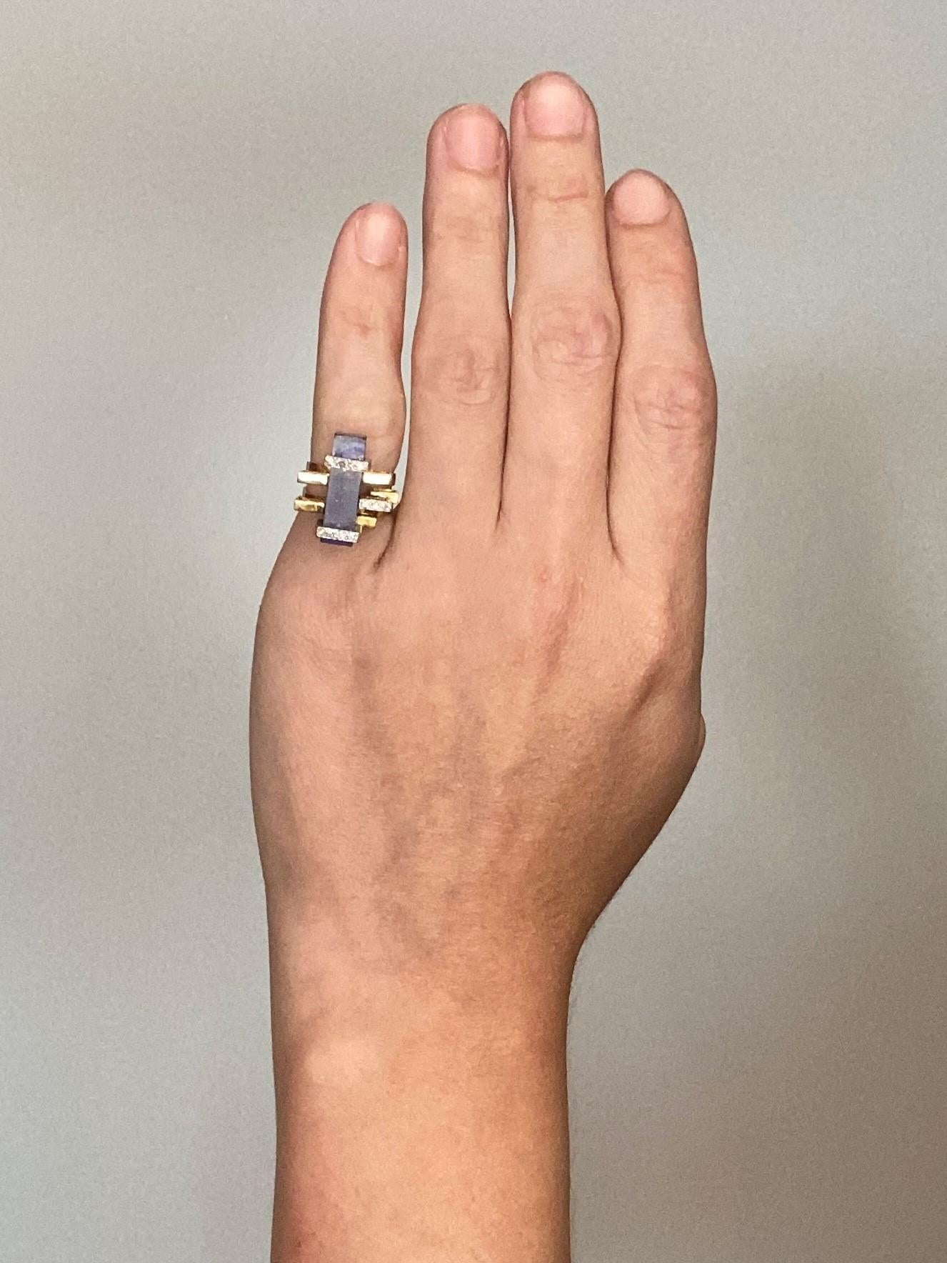 Geometrischer Ring von Jack Gutschneider aus 14 Karat Gold mit VS-Diamanten und Lapislazuli, 1960 1