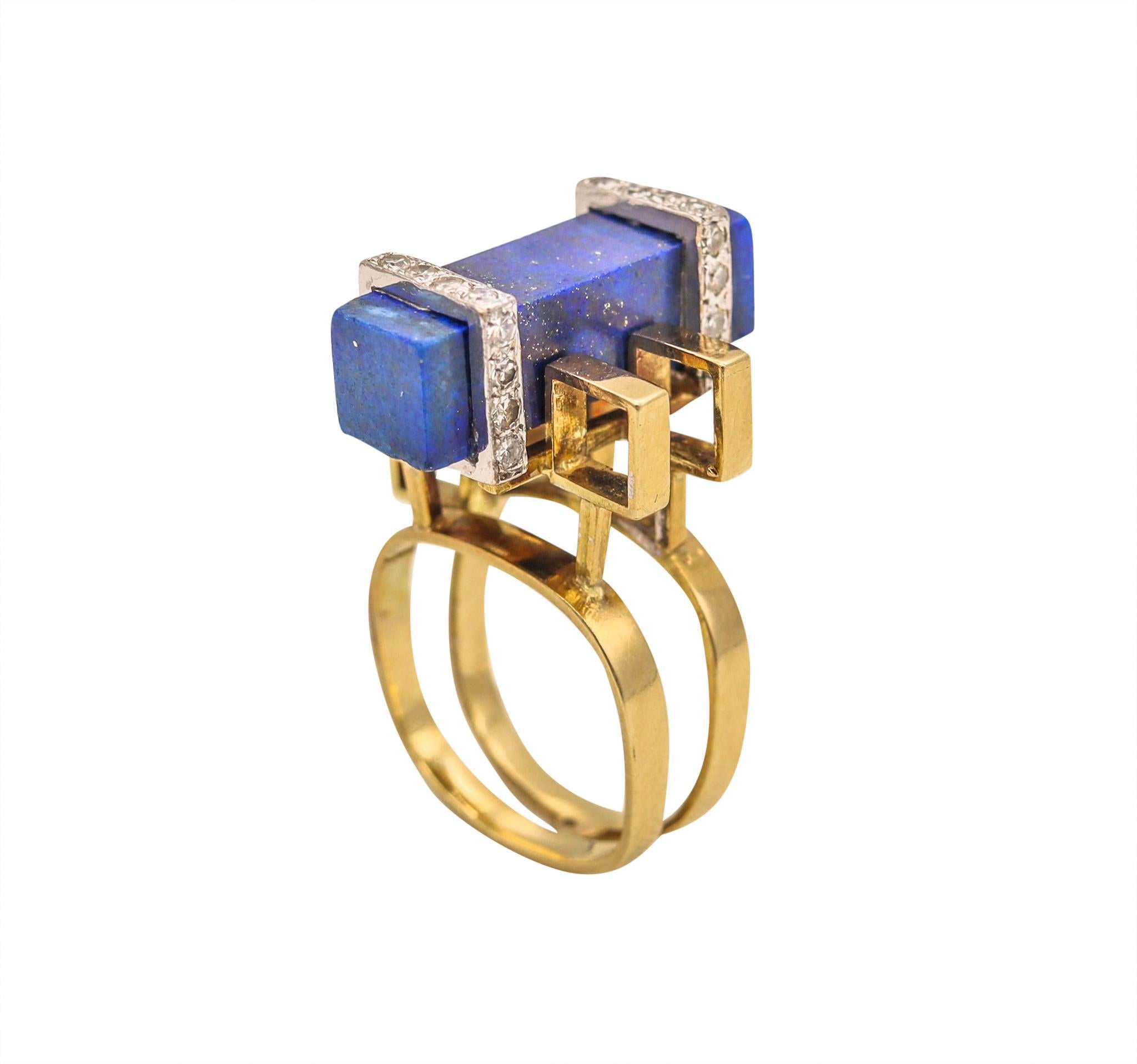 Jack Gutschneider 1960 Geometric Ring in 14Kt Gold with VS Diamonds Lapis Lazuli In Excellent Condition In Miami, FL
