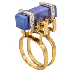 Jack Gutschneider 1960 Geometric Ring in 14Kt Gold with VS Diamonds Lapis Lazuli