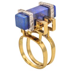 Vintage Jack Gutschneider 1960 Geometric Ring in 14Kt Gold with VS Diamonds Lapis Lazuli