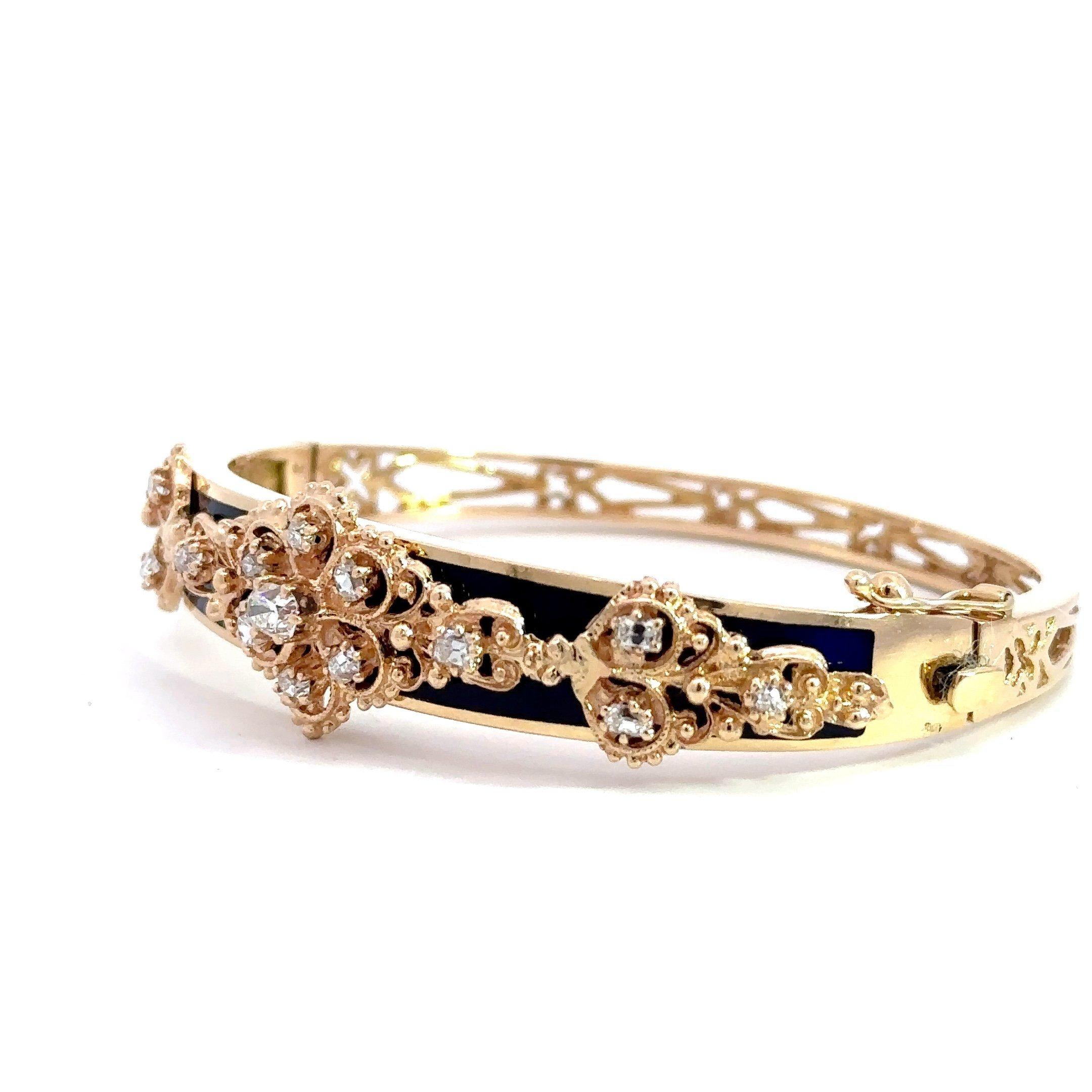 Retro Jack Gutschneider Diamond and Black Enamel 14KT Gold Vintage Bangle Bracelet