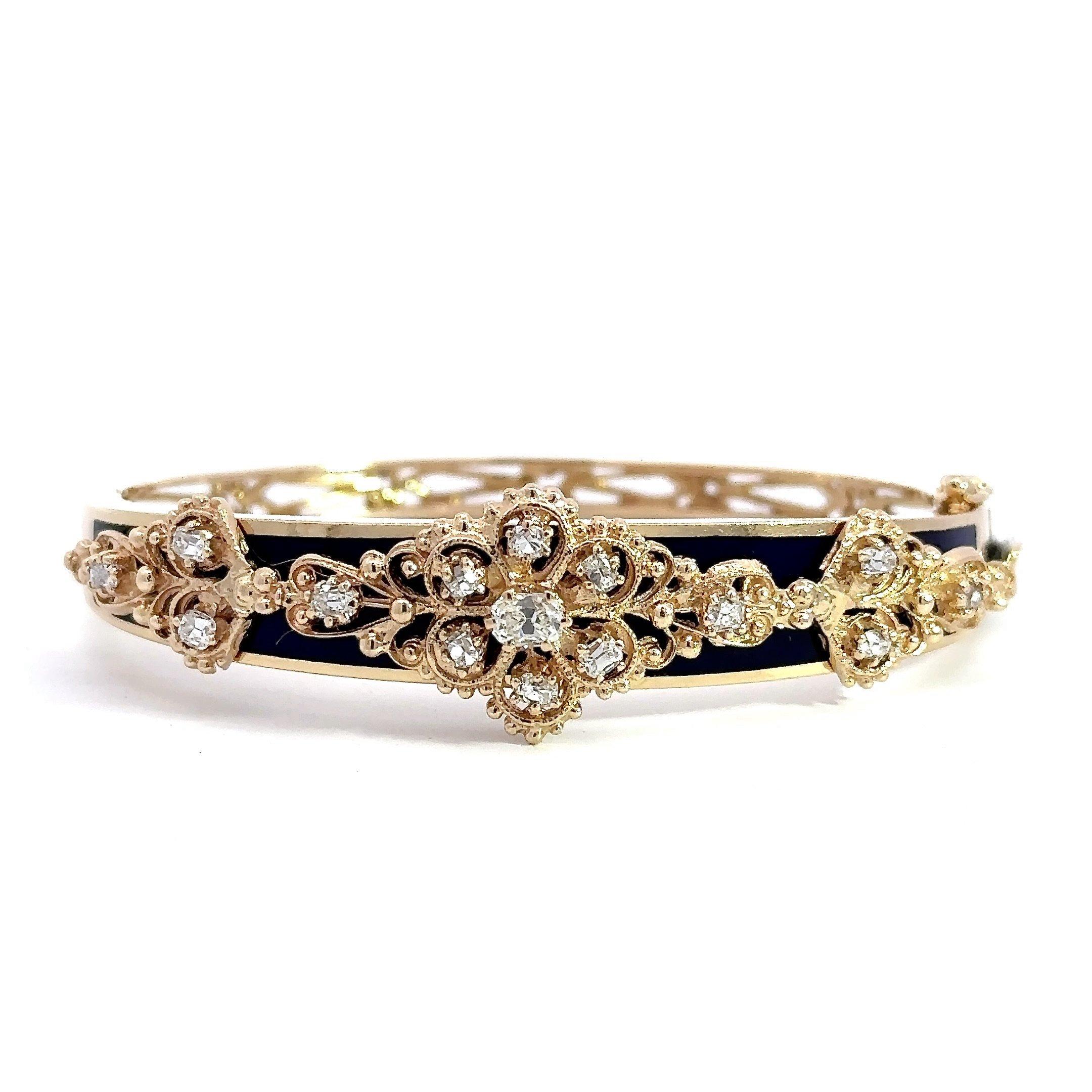 Old Mine Cut Jack Gutschneider Diamond and Black Enamel 14KT Gold Vintage Bangle Bracelet