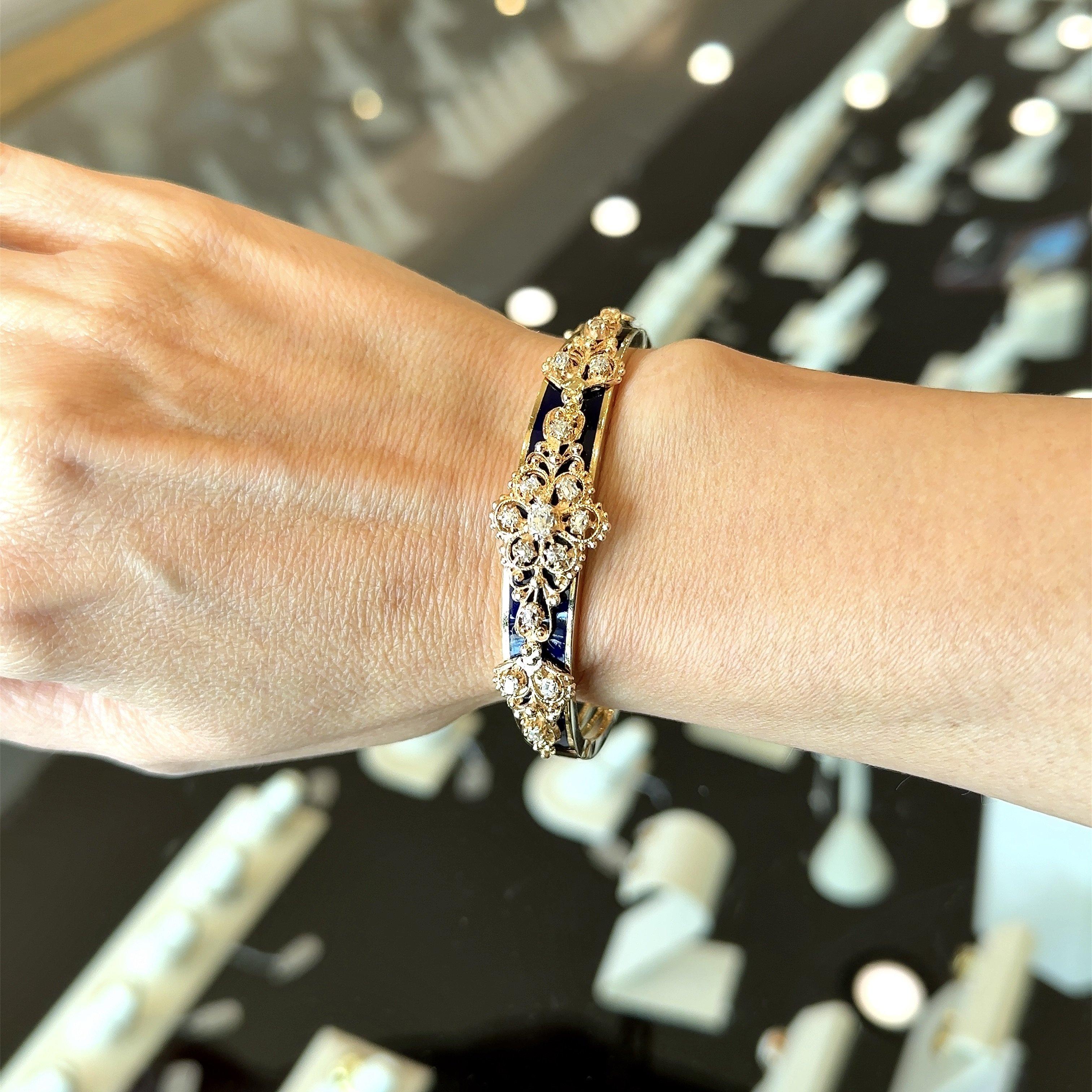 Jack Gutschneider Diamond and Black Enamel 14KT Gold Vintage Bangle Bracelet 2