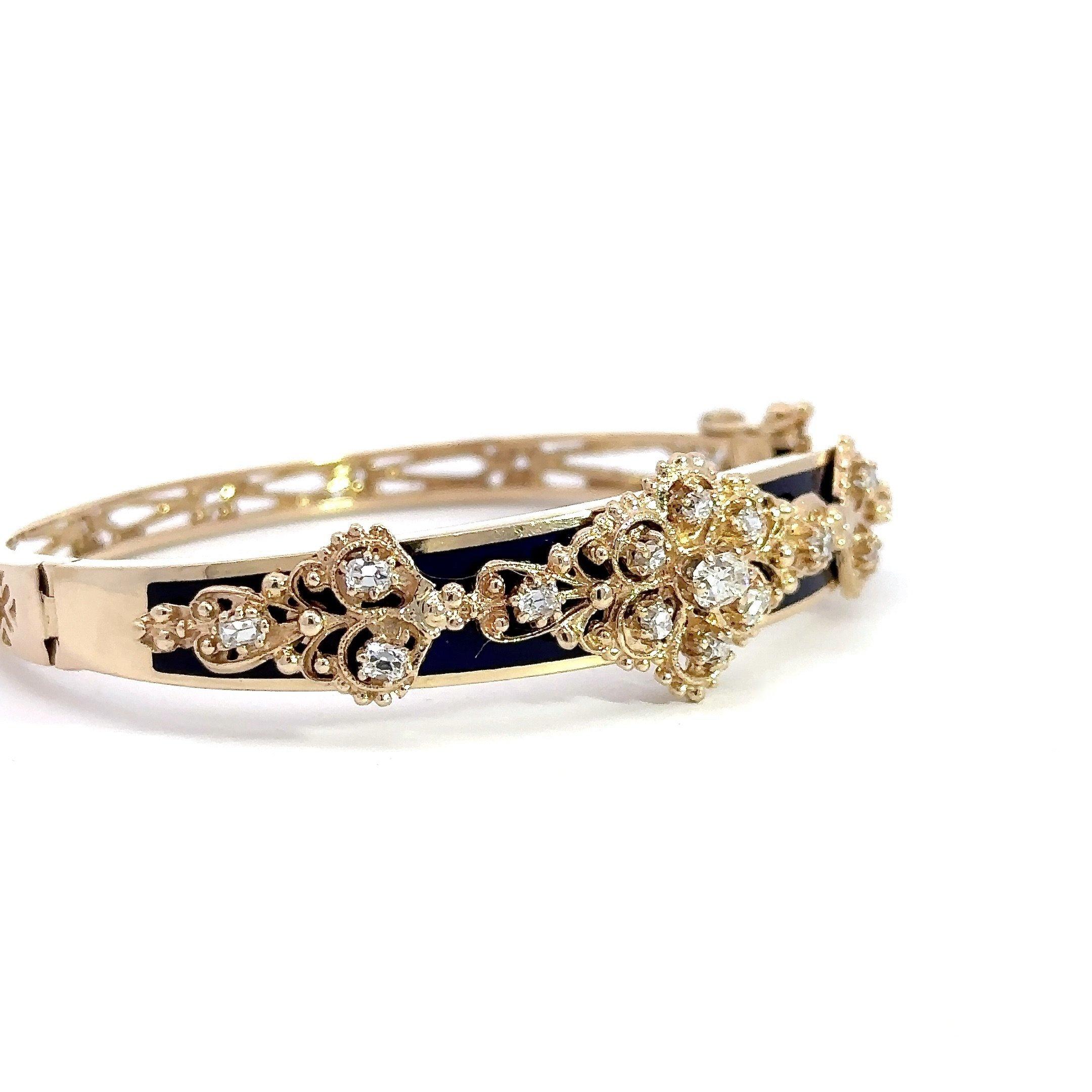 Jack Gutschneider Diamond and Black Enamel 14KT Gold Vintage Bangle Bracelet 3
