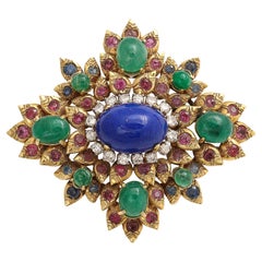 Jack Gutschneider Brooch in 18Karat Gold W/Lapis, Diamonds, Emeralds & Rubies