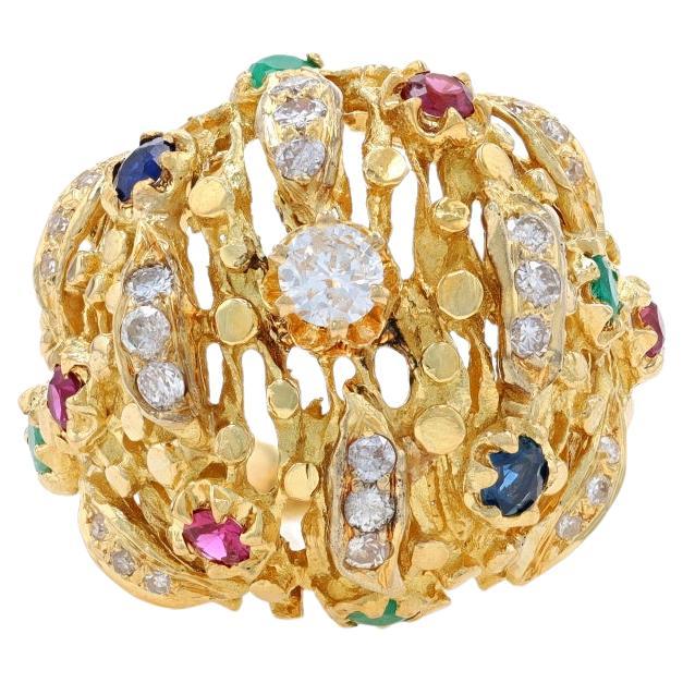 Jack Gutschneider Diamond Emerald Vintage Cluster Cocktail Ring Yellow Gold 18k For Sale