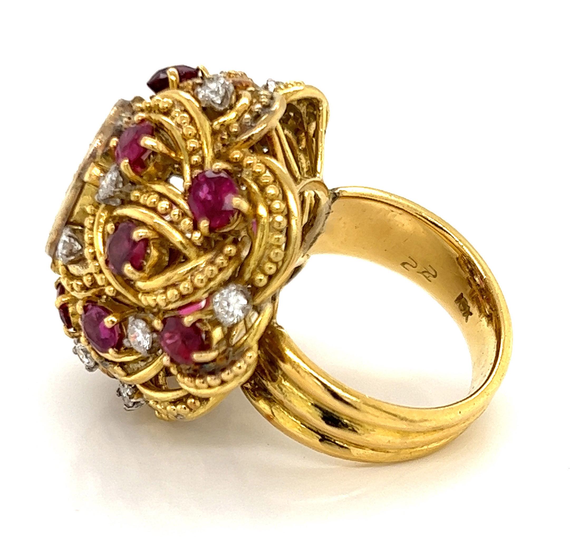 Jack Gutschneider Diamond Ruby 18k Yellow Gold Dome Ring In Good Condition For Sale In Boca Raton, FL