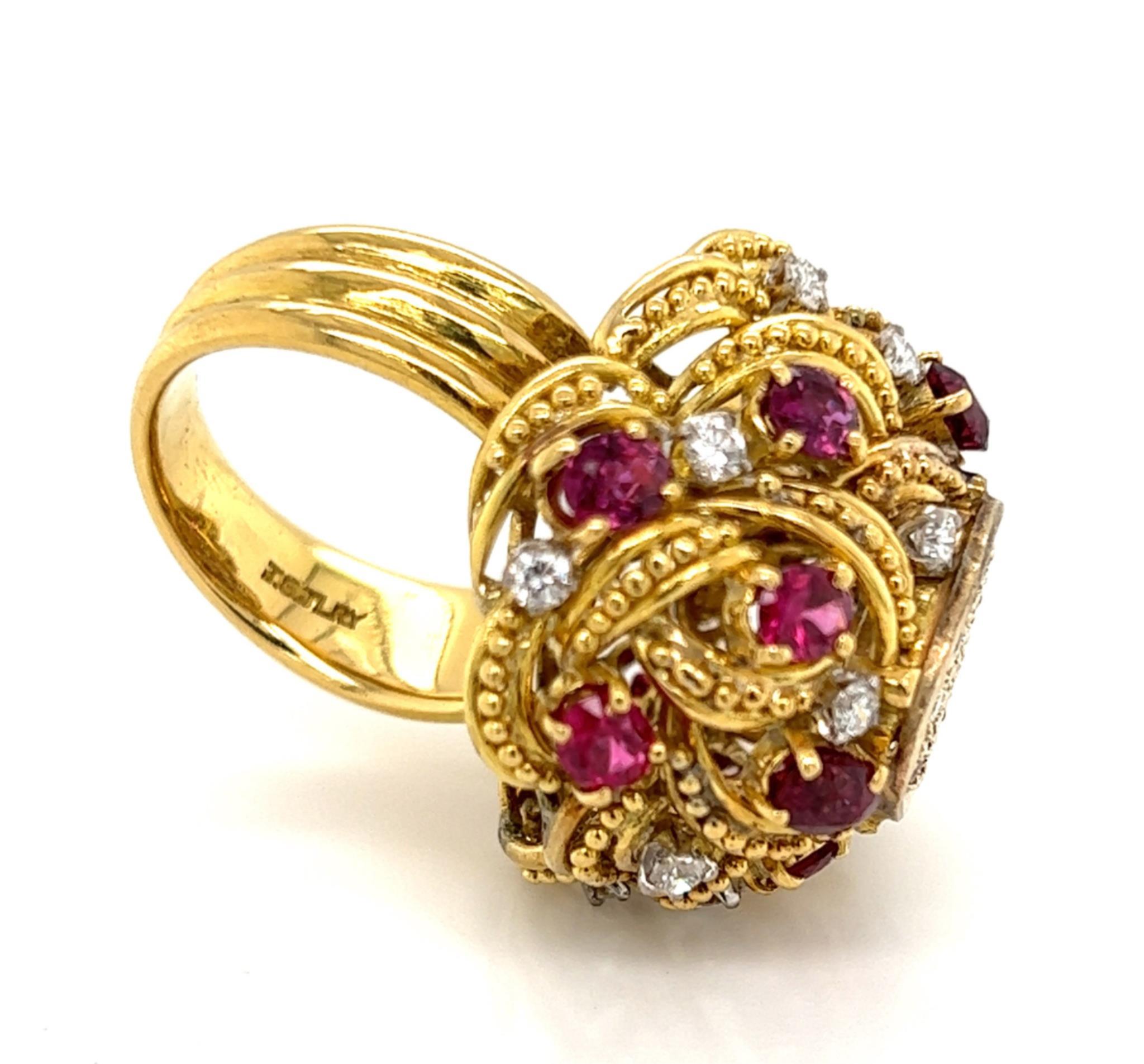Round Cut Jack Gutschneider Diamond Ruby 18k Yellow Gold Dome Ring - Size 7 For Sale
