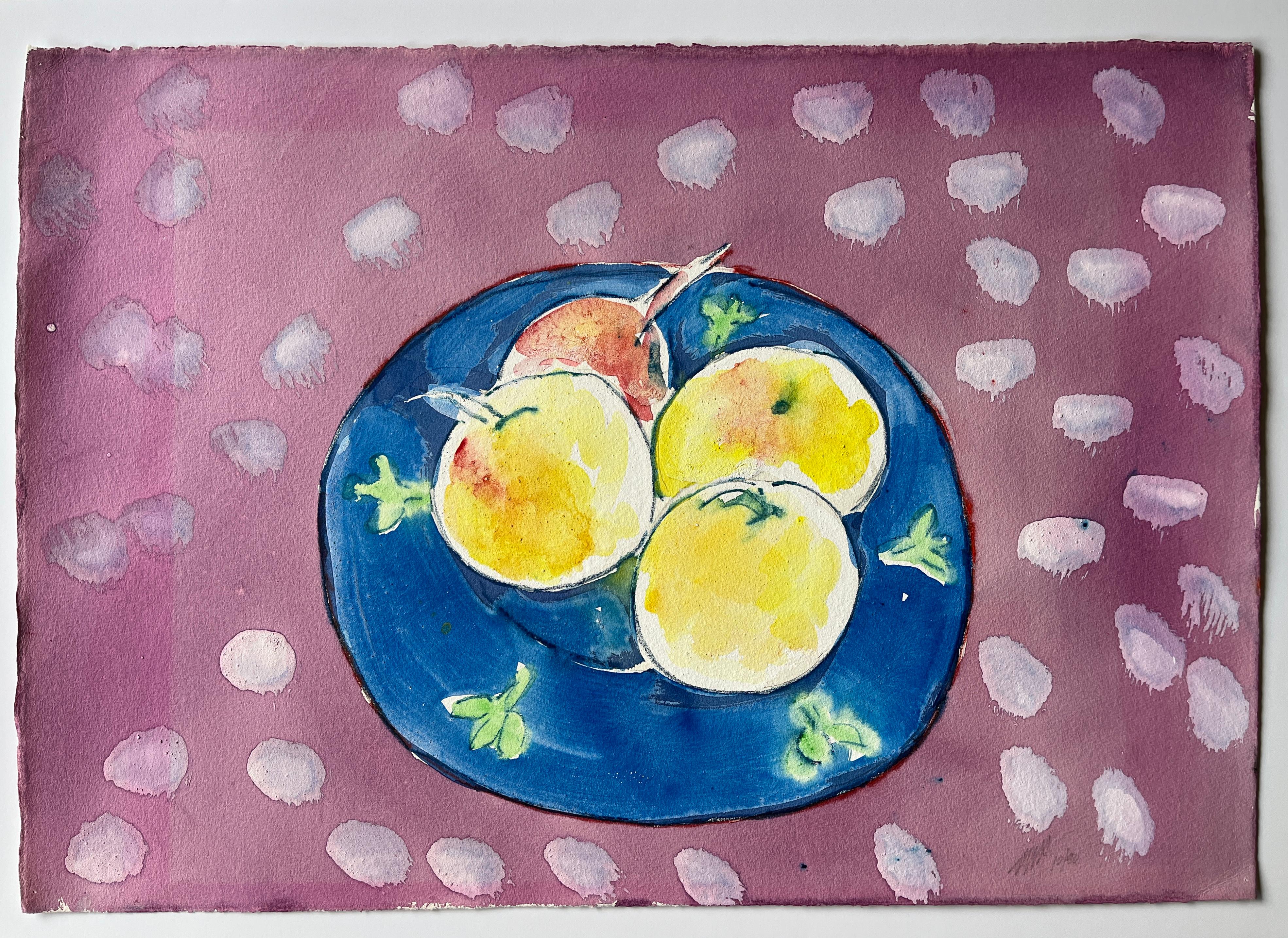 « Apples in Blue Bowl » de Jack Hooper, 1990, peinture au pastel et à la gouache en vente 1