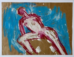 Vintage "Nude Outlined in Red on Turquoise" 1962 Paint & Pastel Nude Jack Hooper