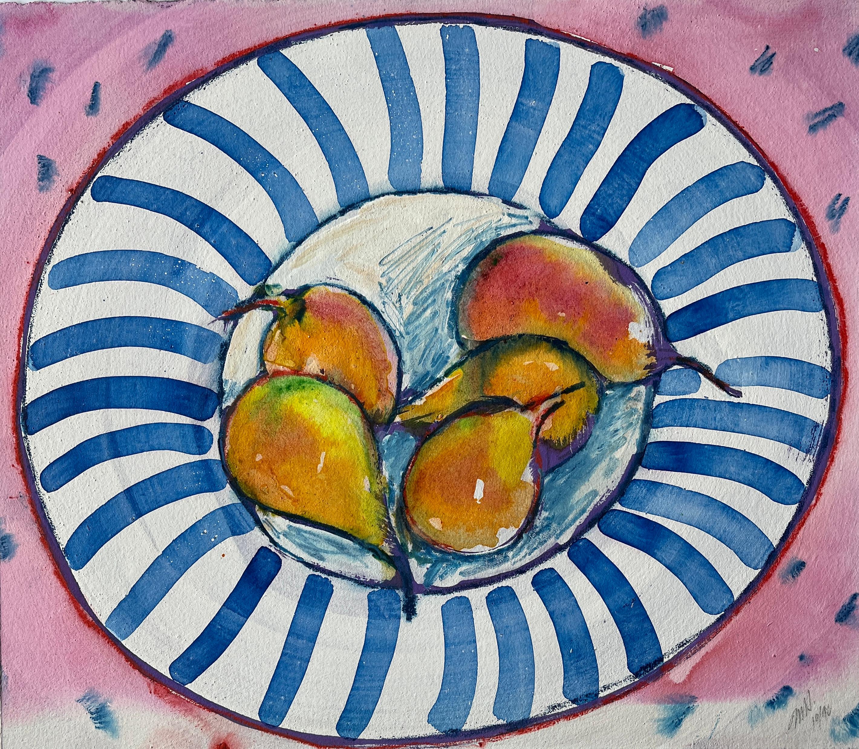 Jack Hooper
"Pears in Striped Bowl"
10-1996
Pastel and gouache on paper
16"x14" unframed
Signed and dated in pencil lower right

In this artwork, Jack Hooper presents a charming scene featuring five pears arranged in a blue and white striped bowl.