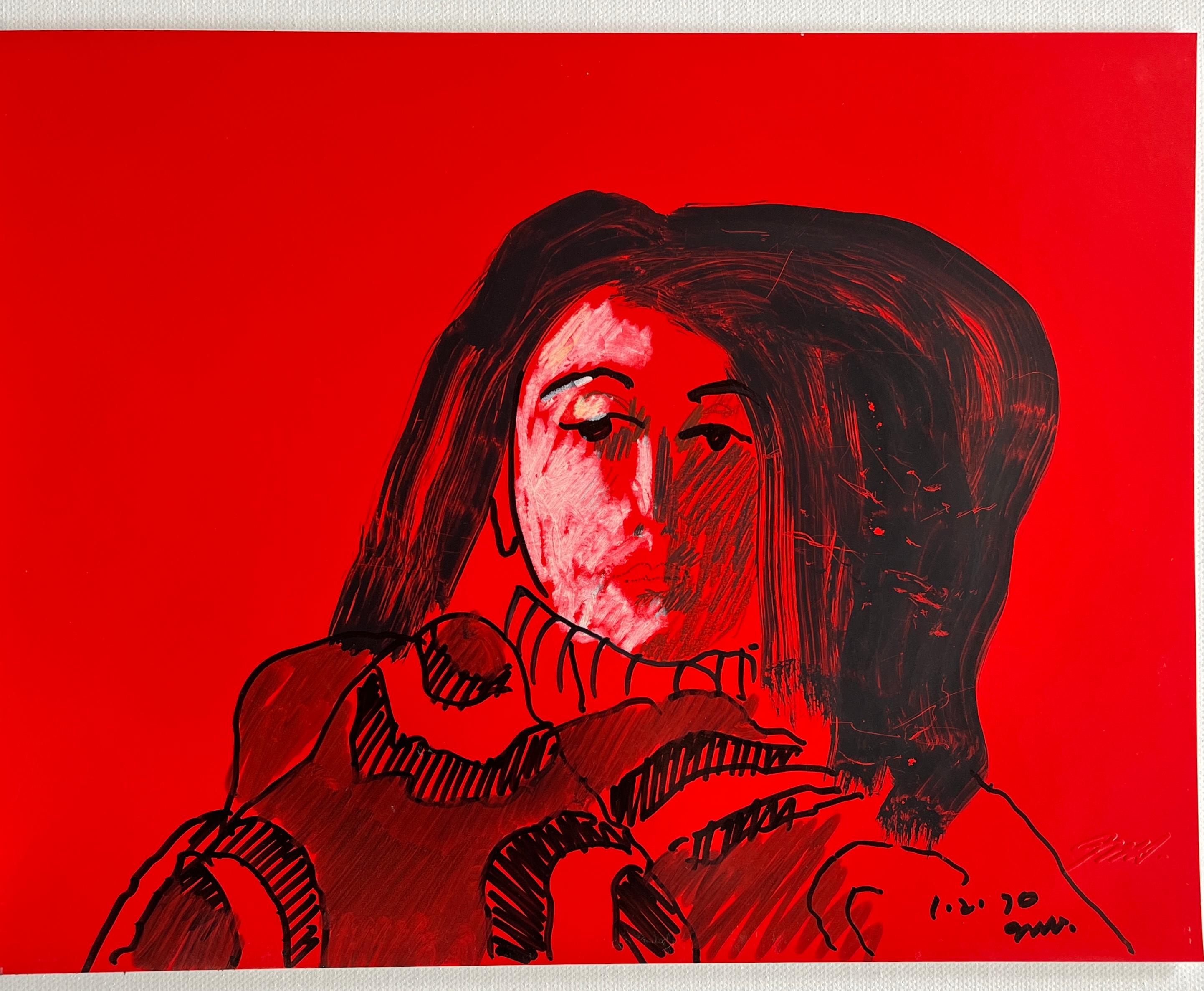 Portrait en technique mixte de femme moderniste américaine Jack Hooper, Musée sur rouge, 1970 en vente 1
