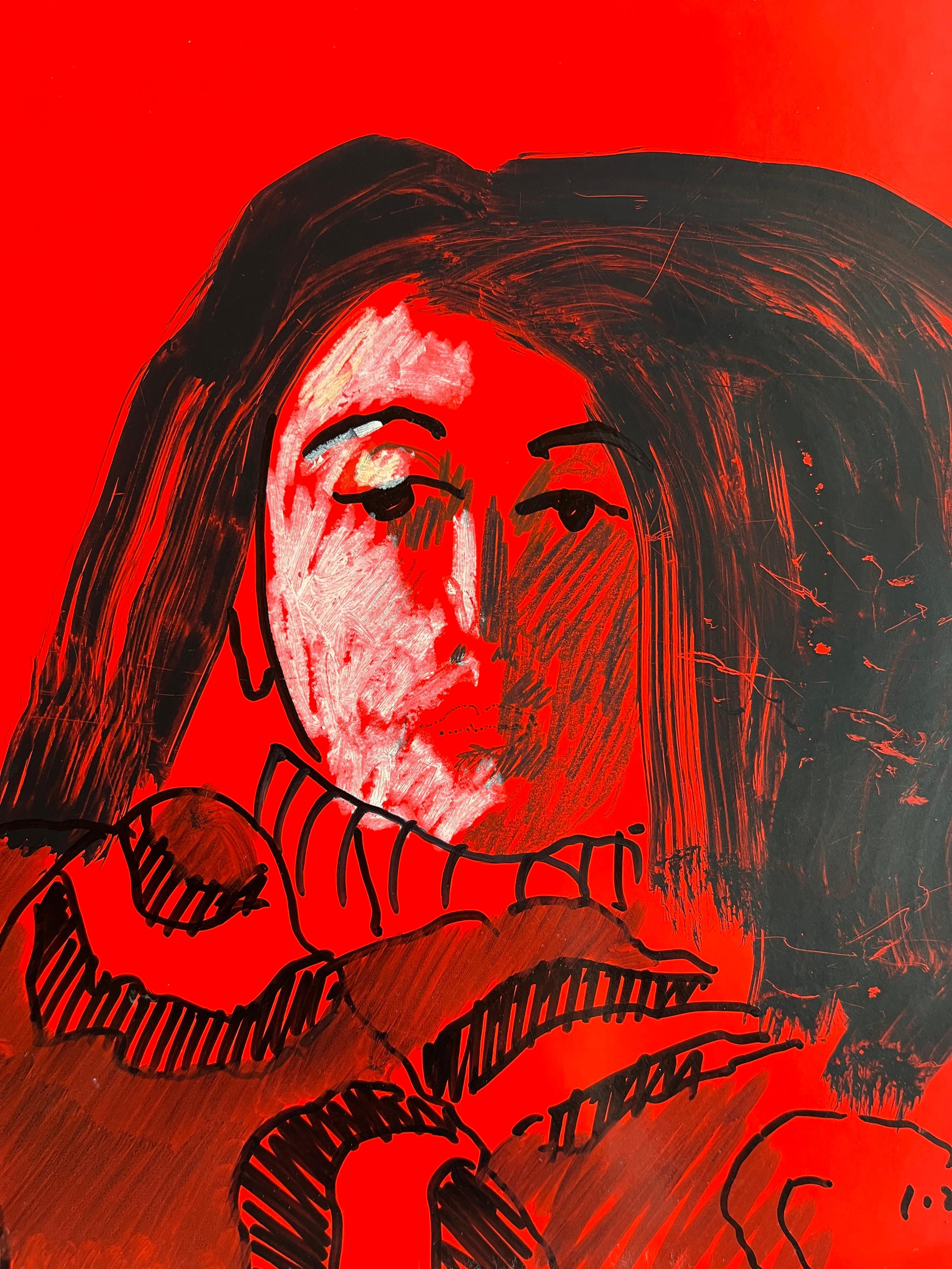 Portrait en technique mixte de femme moderniste américaine Jack Hooper, Musée sur rouge, 1970 en vente 2