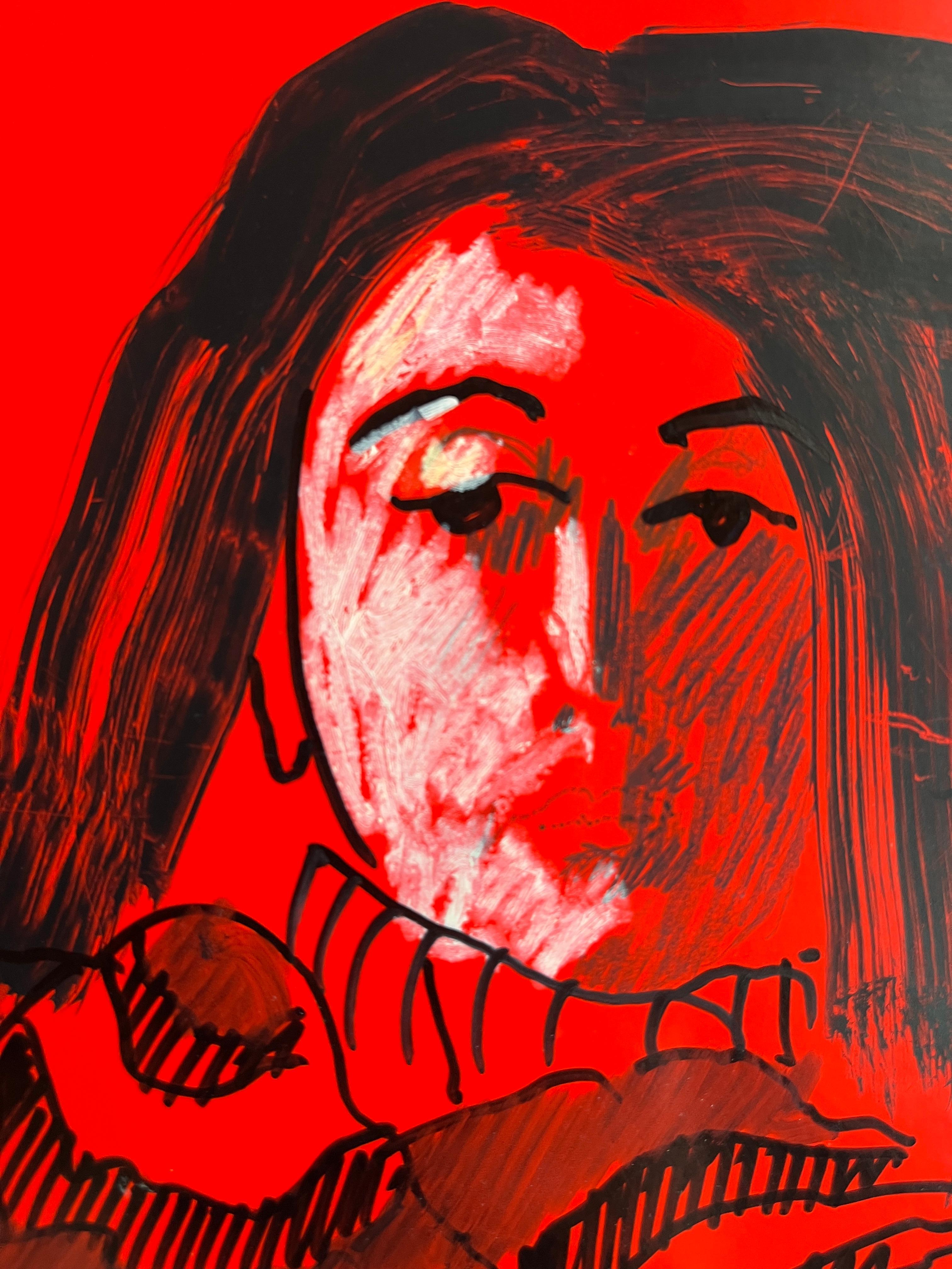 Portrait en technique mixte de femme moderniste américaine Jack Hooper, Musée sur rouge, 1970 en vente 3