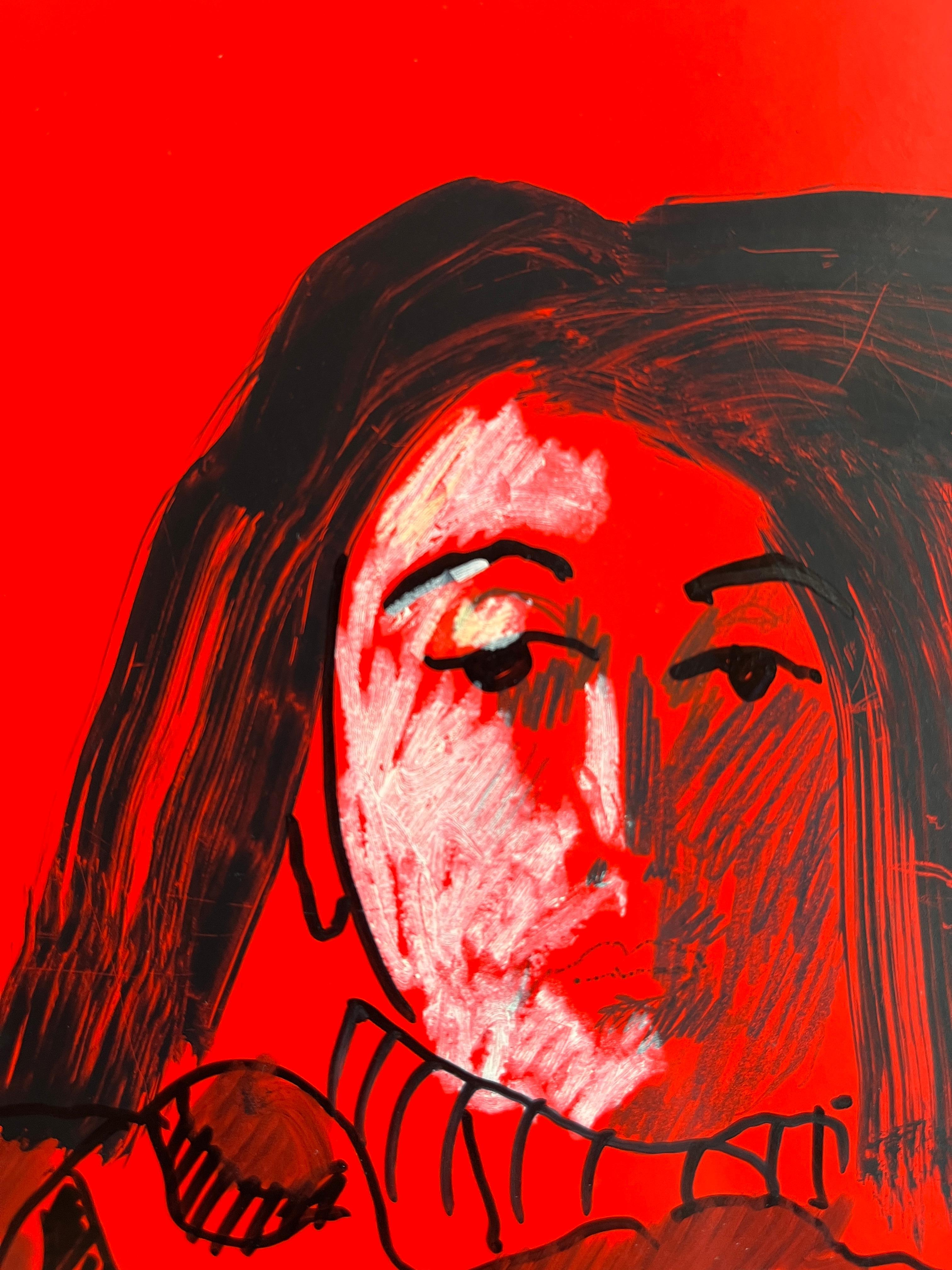 Portrait en technique mixte de femme moderniste américaine Jack Hooper, Musée sur rouge, 1970 en vente 4