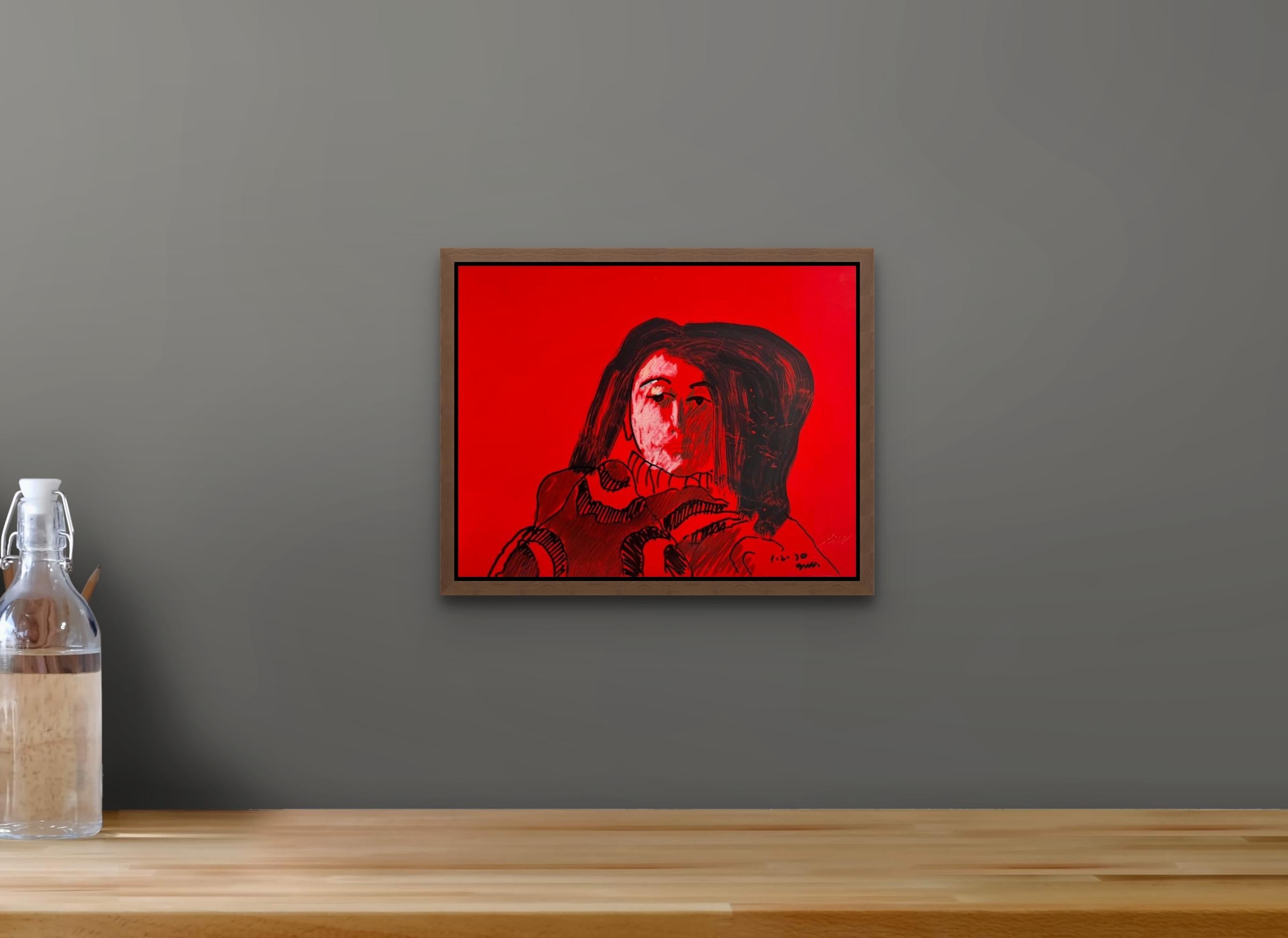 Portrait en technique mixte de femme moderniste américaine Jack Hooper, Musée sur rouge, 1970 en vente 8