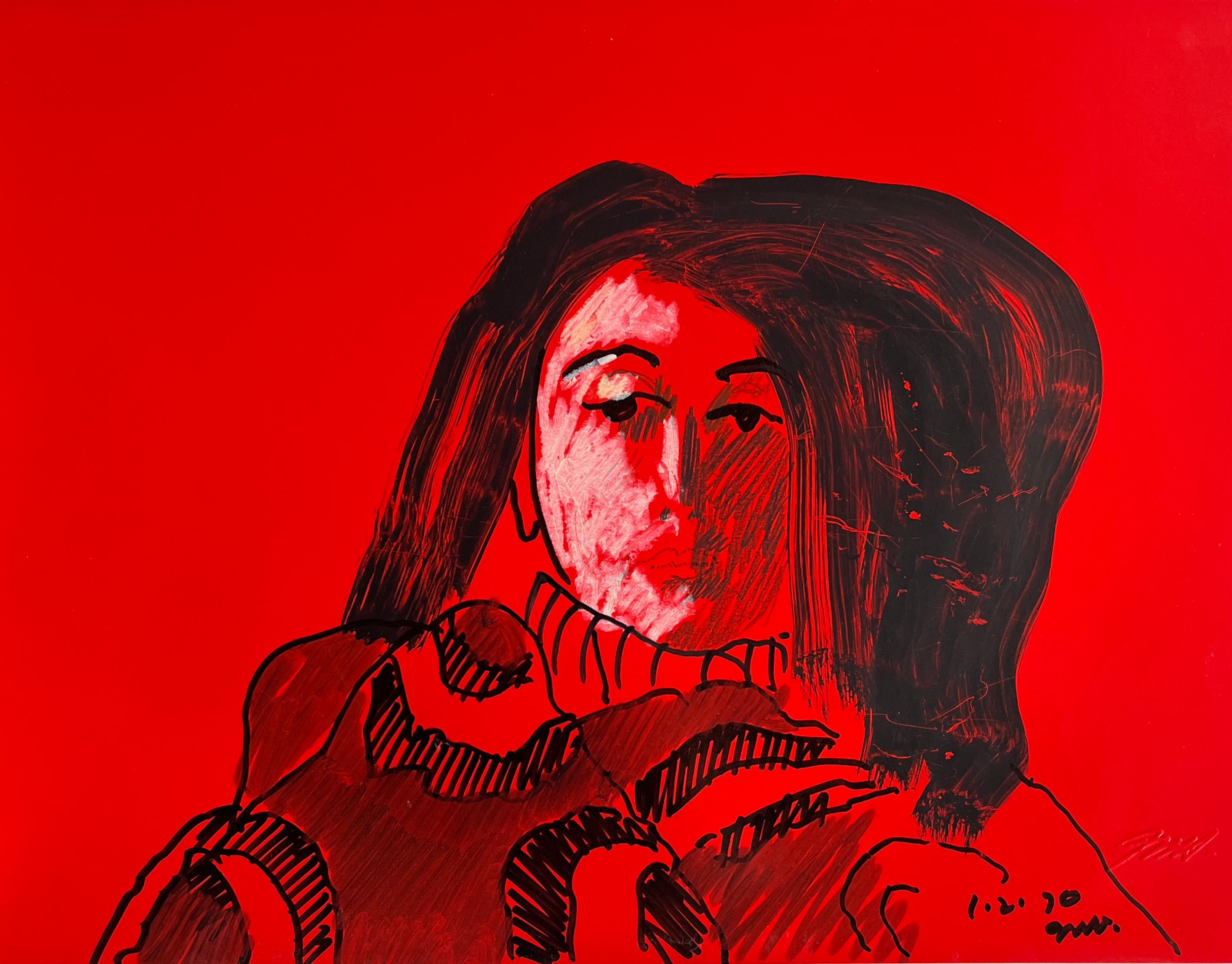 Portrait en technique mixte de femme moderniste américaine Jack Hooper, Musée sur rouge, 1970