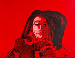 Vintage 1970 "Muse on Red" Mixed Media Portrait of Woman American Modernist Jack Hooper