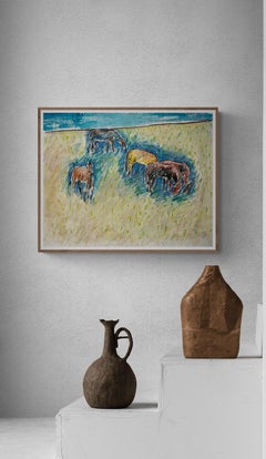 1991 "Five Horses" Impressionist Landscape Drawing