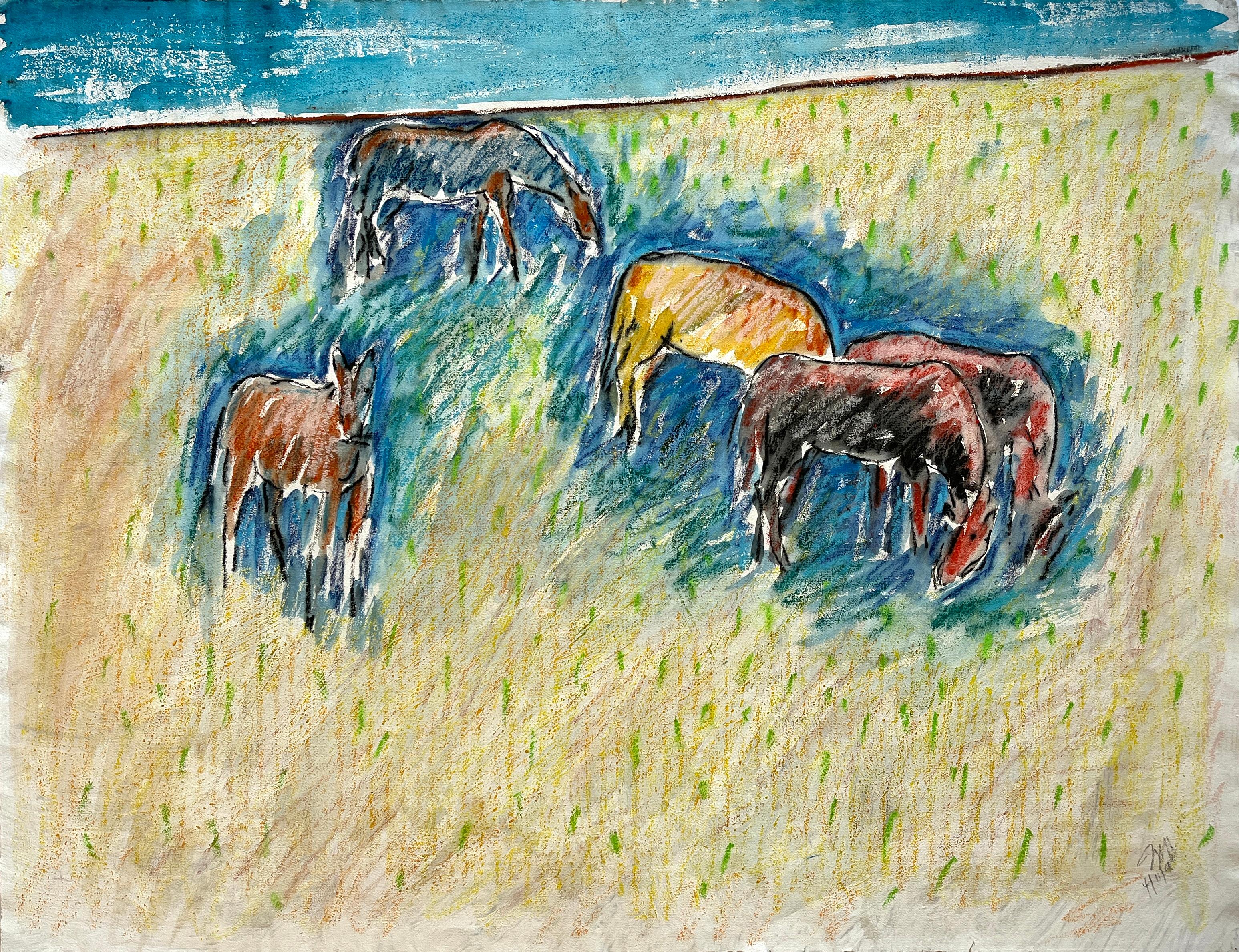 Jack Hooper Landscape Painting - 1991 "Five Horses" Impressionist Landscape Drawing