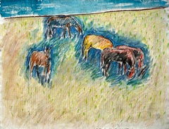 1991 "Five Horses" Impressionist Landscape Drawing