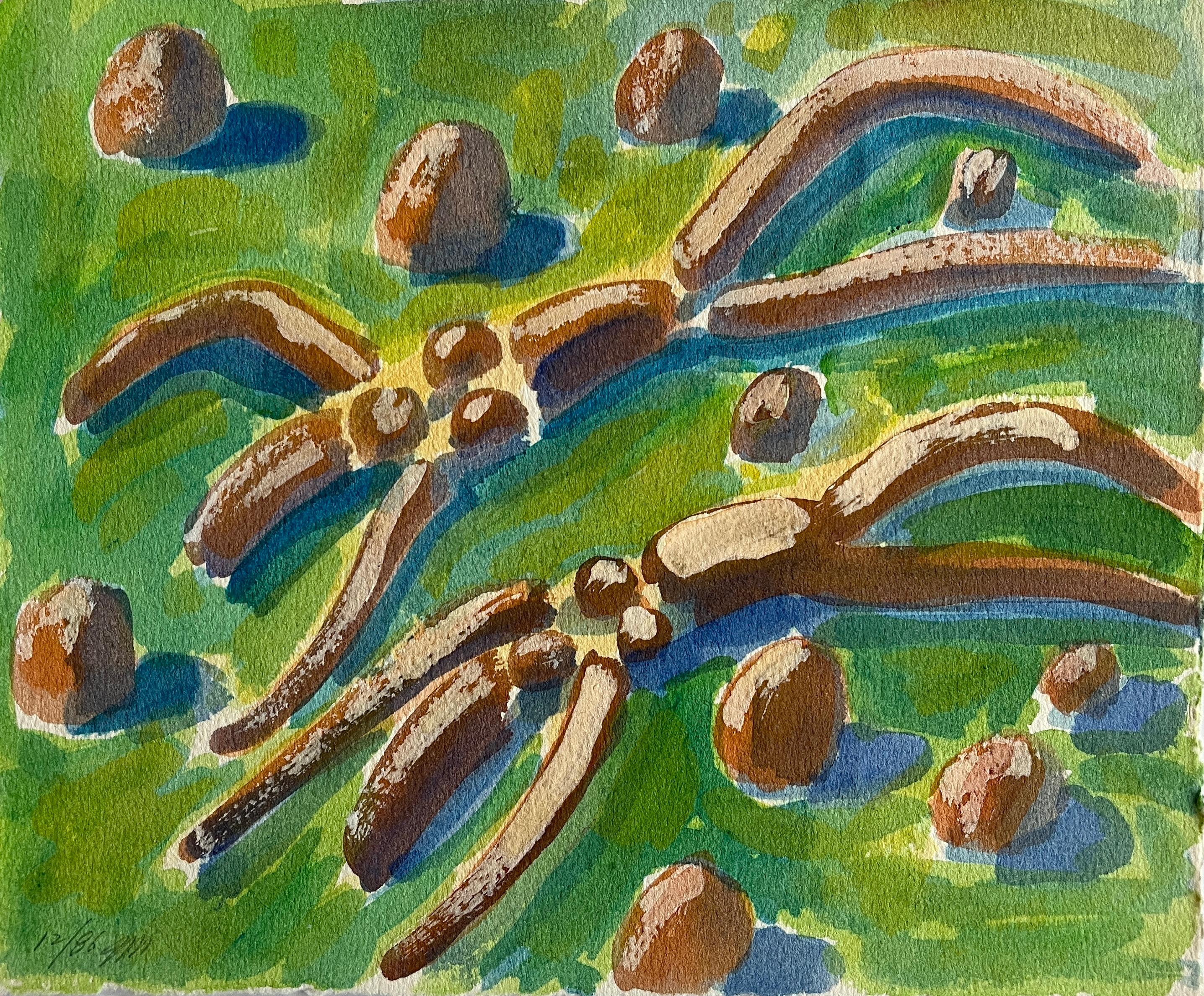 Jack Hooper
"Figures Laying with Shadows"
December 1986
Paint on paper
9.5"x8" unframed
Signed and dated in pencil lower left

In this modernist masterpiece by Jack Hooper, two abstract figures recline on a verdant expanse of grass, their limbs