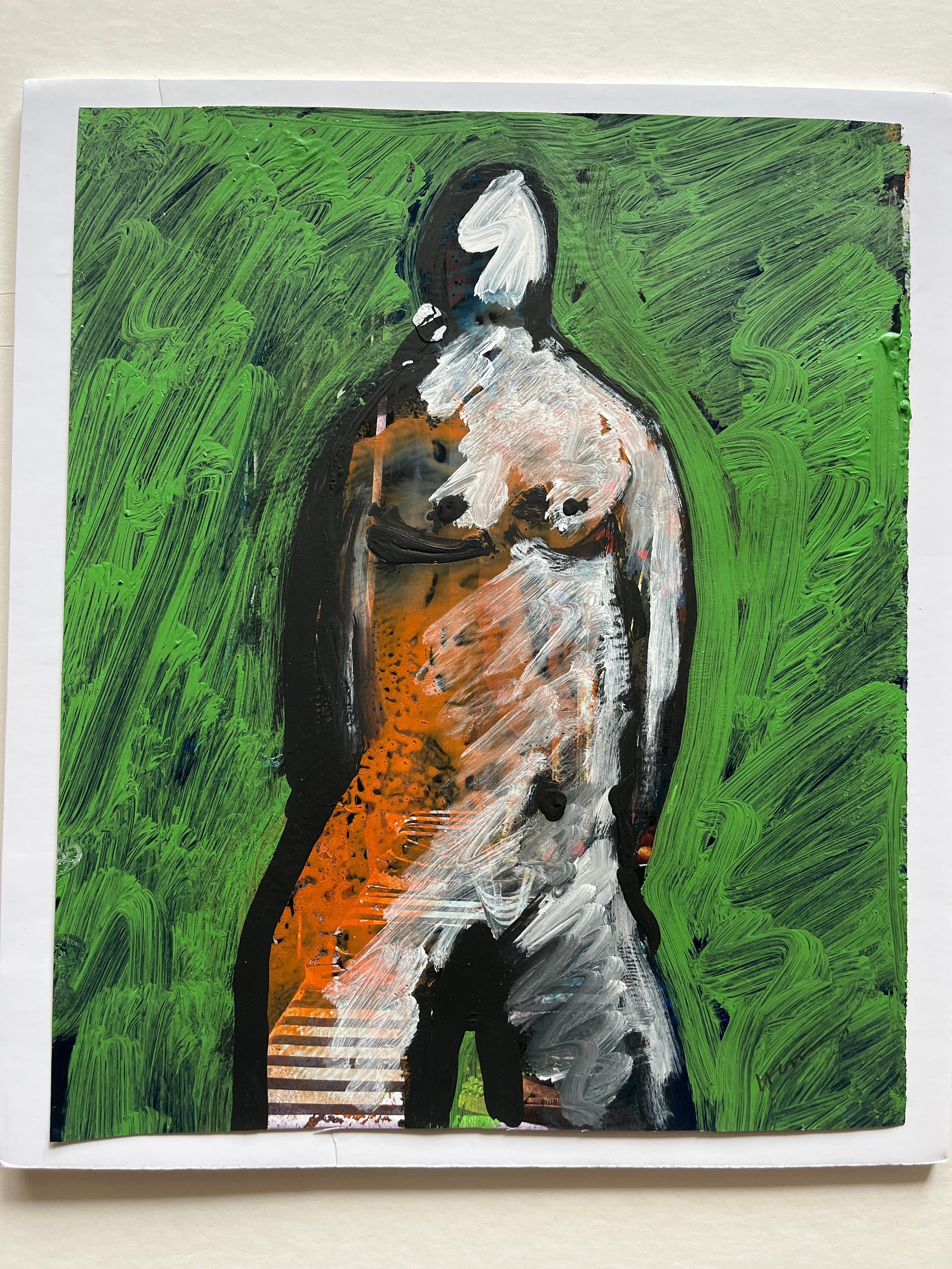 Jack Hooper
"Green Nude 1"
c. 1980s
Acrylic paint on magazine page
9"x10.75", black wood gallery frame float mount 11"x14"
Signed in pencil lower right

Hooper's distinctive approach to artistry is exemplified by his ingenious use of acrylic paint