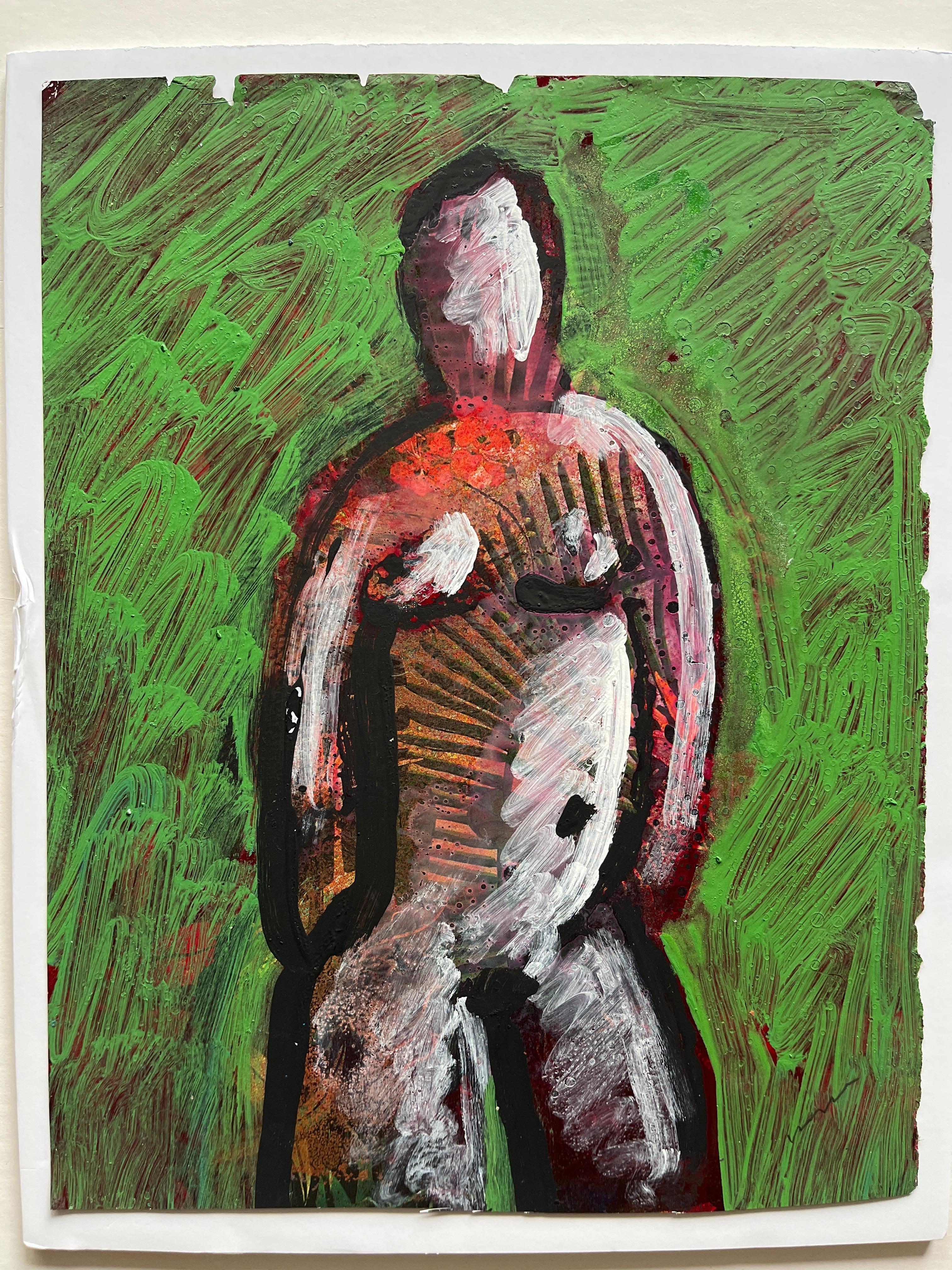 Jack Hooper
"Nu vert 2"
c. 1980s
Peinture acrylique sur page de magazine
9 "x11.5", cadre de galerie en bois noir, montage flottant 11 "x14".
Signé au crayon en bas à droite

L'approche artistique particulière de Hooper est illustrée par son