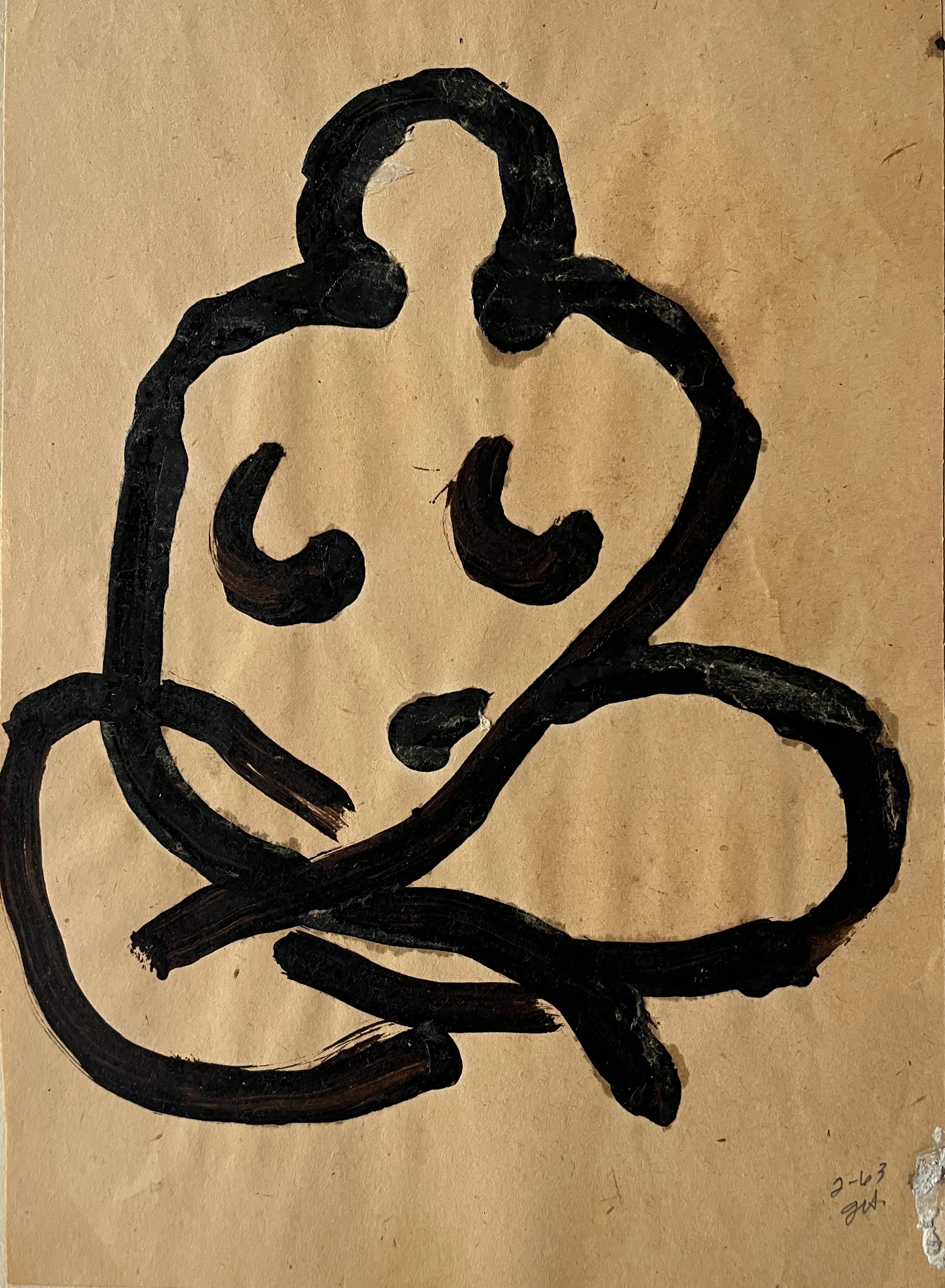 Jack Hooper
"Simple Nude"
February 1963
Gouache on paper
6.5"x9.25" unframed
Signed and dated in pencil lower right

In a captivating work on brown paper with the stark simplicity of black gouache, Jack Hooper's artistry shines through. This piece,