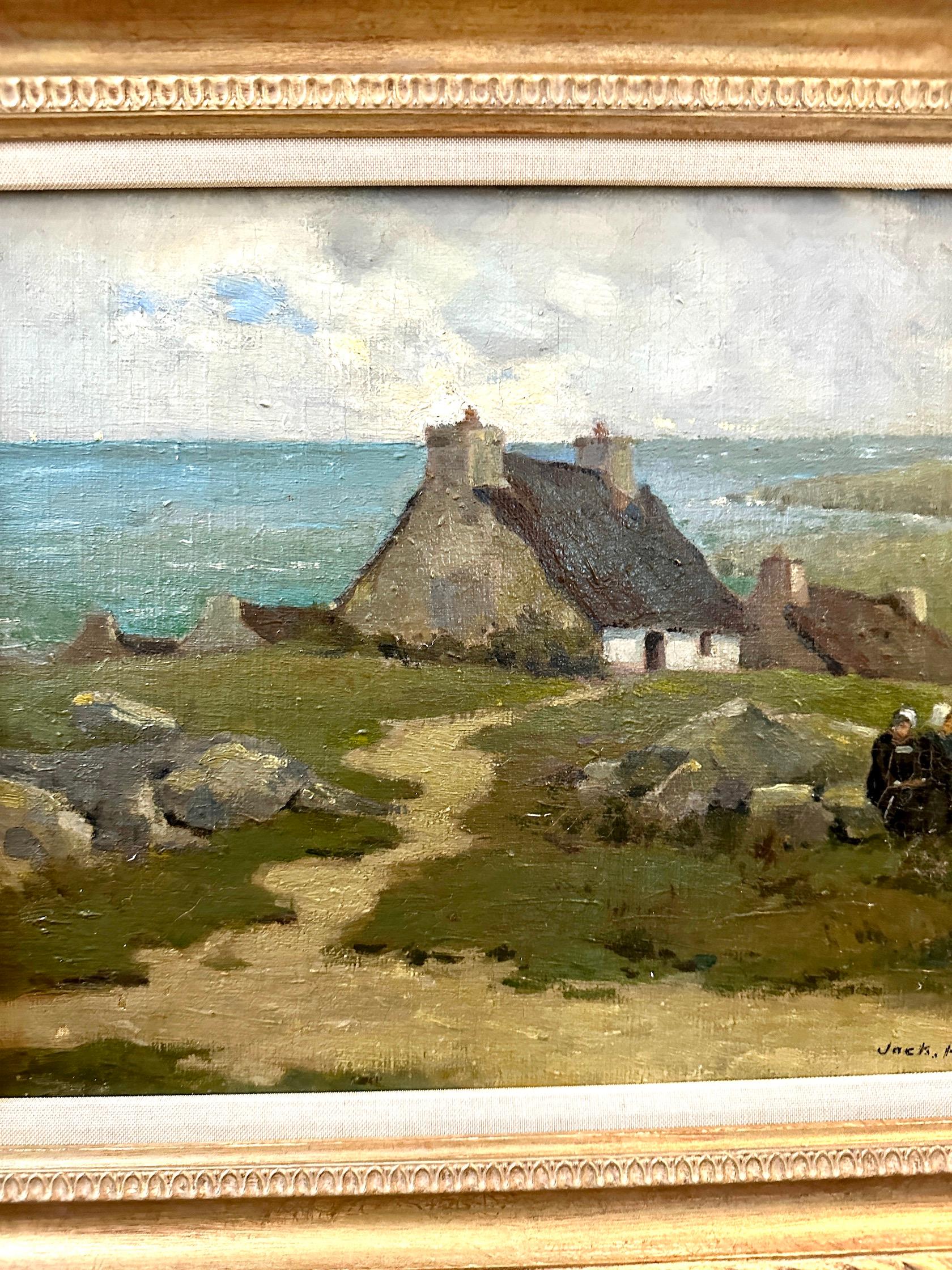 19th century French Impressionist Breton landscape with cottage, figures  - Painting by Jack Hubert Bonnefoy