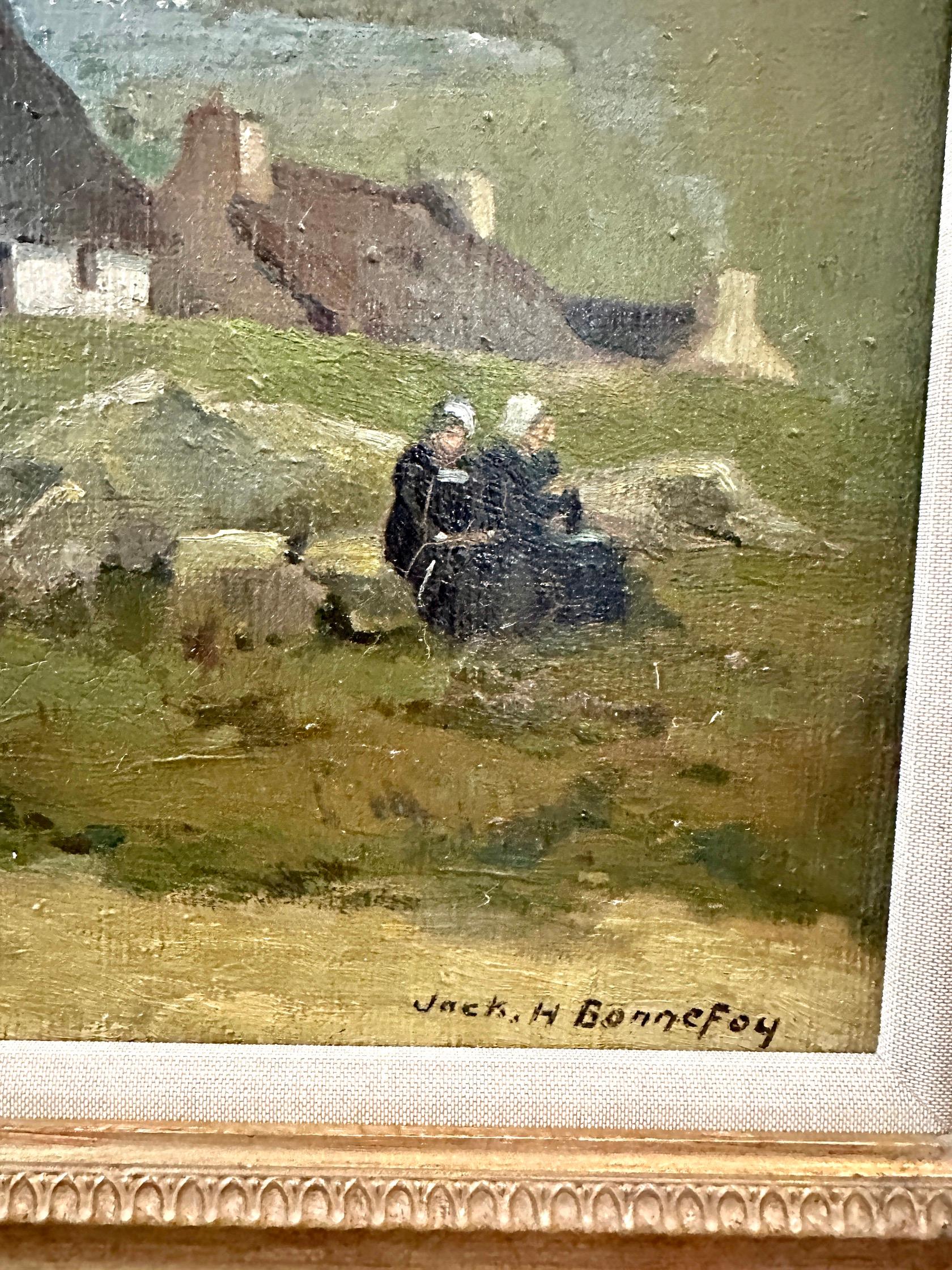Französische impressionistische bretonische Landschaft des 19. Jahrhunderts mit Landhaus, Figuren  im Angebot 1