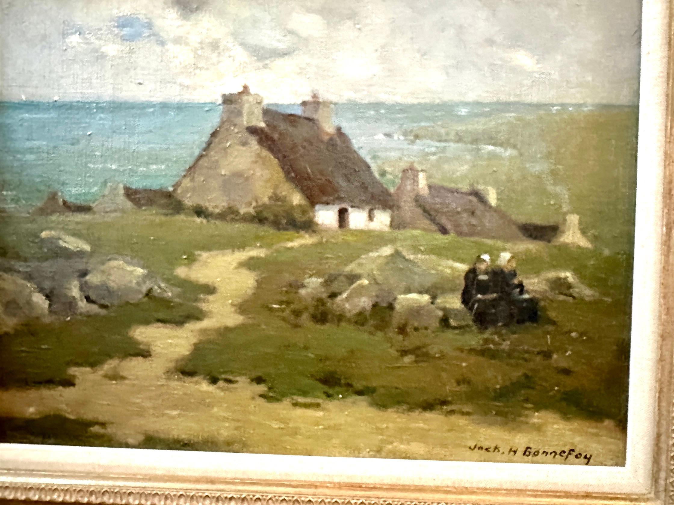 Französische impressionistische bretonische Landschaft des 19. Jahrhunderts mit Landhaus, Figuren  im Angebot 4